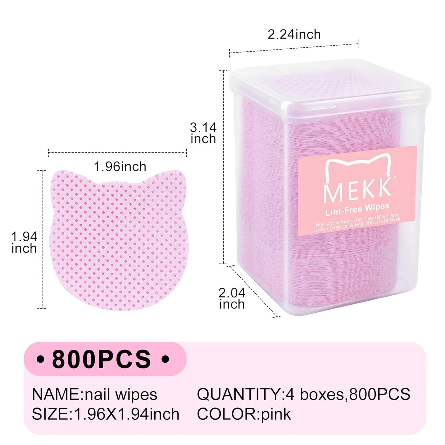MEKK Lint Free Nail Wipes 800PCS Cat Shape - Super Absorbent Non-Woven Gel Nails Wipes for Nail Polish Remover and Eyelash Extension Glue, Convenient and Hygienic (Pink)