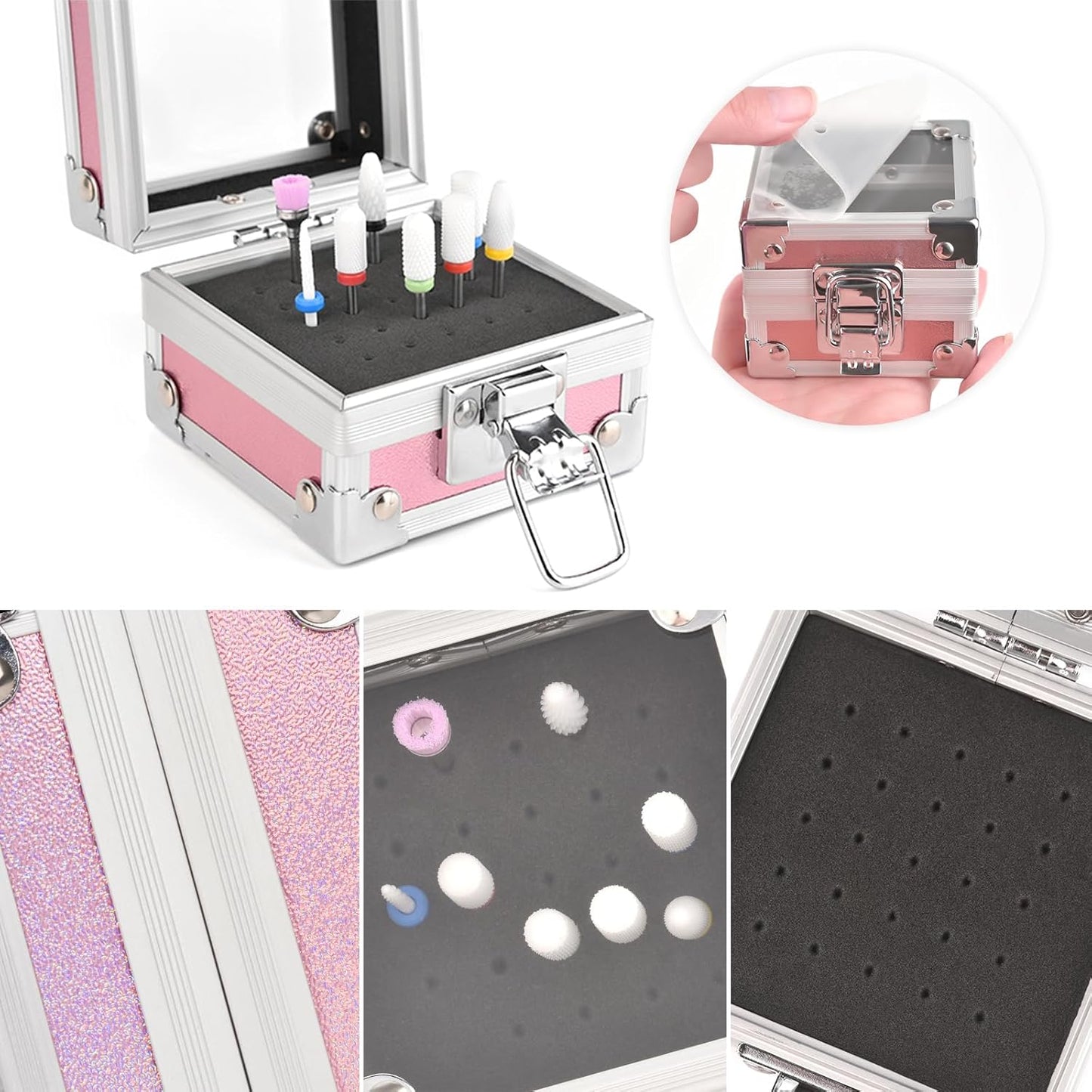 Professional 25 Holes Nail Drill Bits Box Container Nail Drill Grinding Bit Holder Nail Polish Head Storage Box Nail Tools Organizers Container Display Storage Box Manicure Tool (Pink)