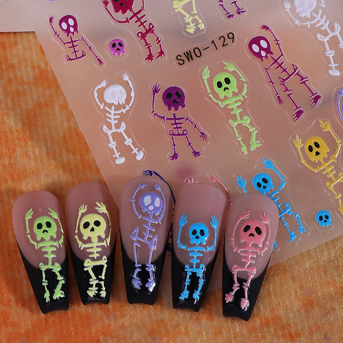 Halloween Nail Art Stickers Decals 5D Embossed Skeleton Nail Stickers 3PCS Rainbow Color Skull Skeleton Halloween Nails Design Adhesive Sticker Manicure Sliders for Women Holiday Nail Art Decorations
