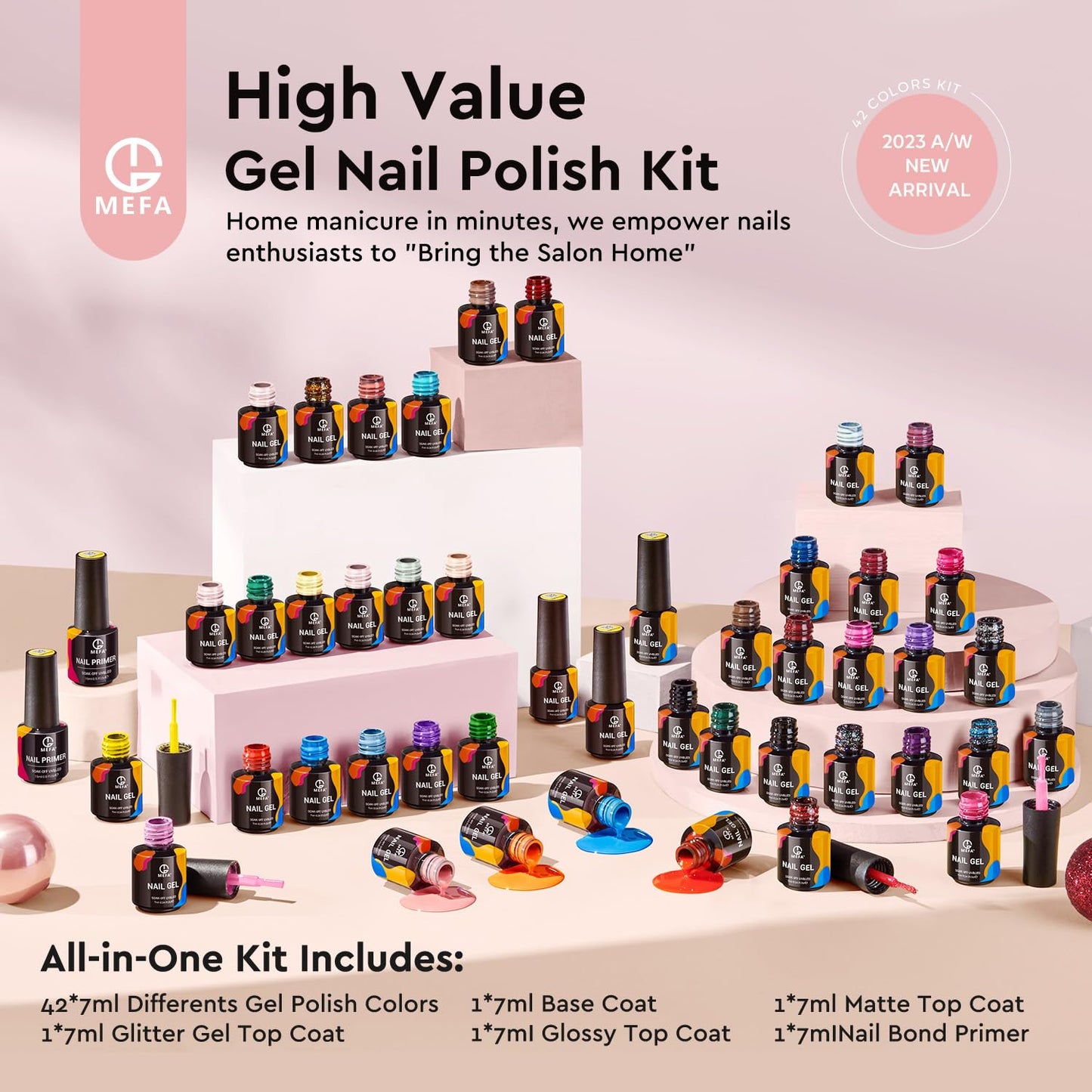 MEFA 47 PCS Gel Nail Polish Kit, 42 Colors All Seasons Collection Nude Pink White Colorful Gel Polish Set with 5 Pcs Base and Glossy/Matte/Glitter Top Coat DIY Manicure Art at Home Gifts for Women