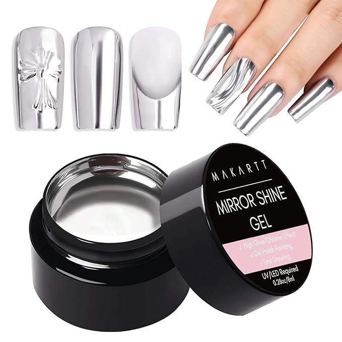 Makartt 8ml Mirror Shine Gel- Metallic Gel Nail Polish, Silver 3D Metal Painting for Nail Art Soak off UV/LED Glossy Mirror Effect Nail Glue for Home Salon DIY Manicure