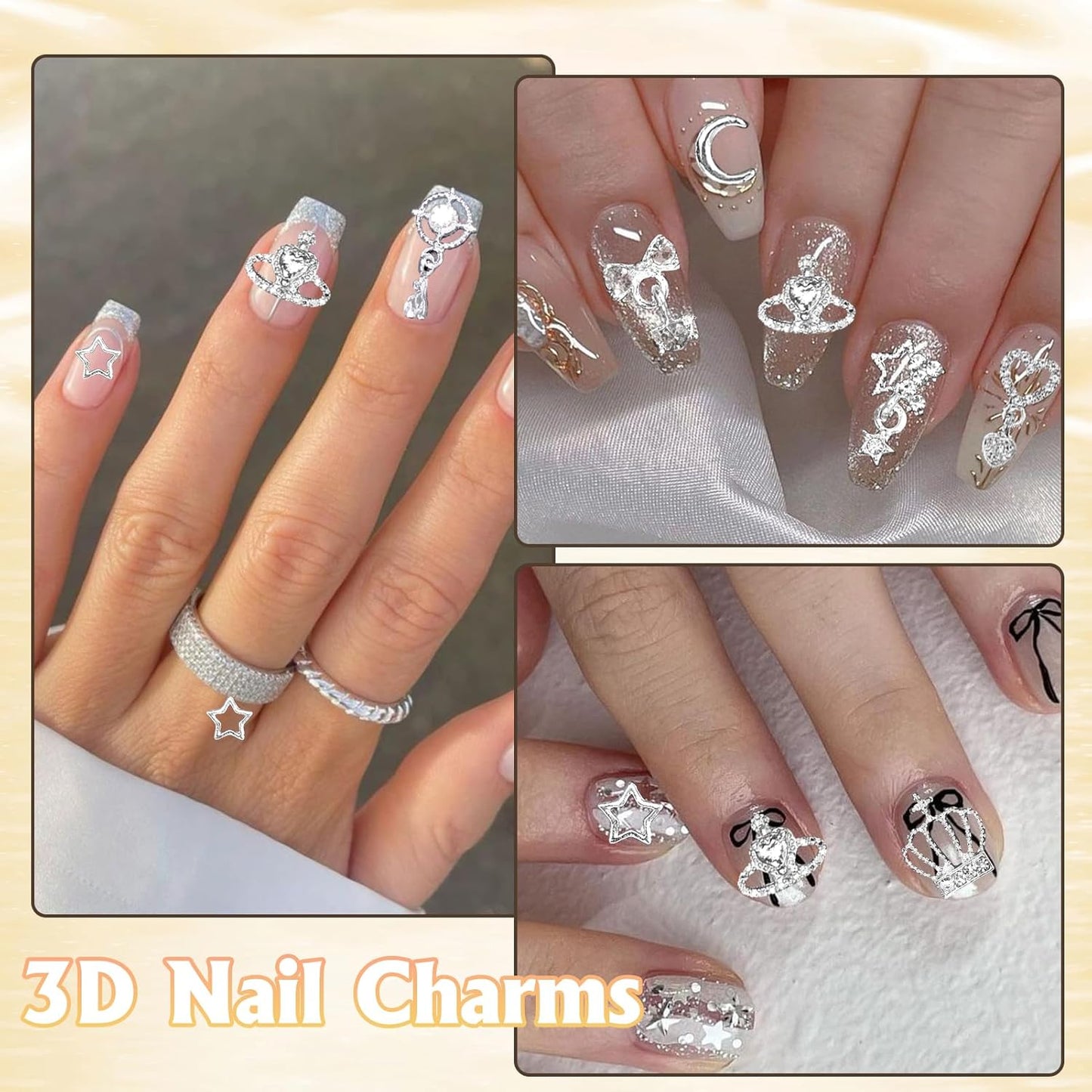 100 Pcs Silver Nail Charms and Gems, Silver Dangle Star Bows Nail Gems Charms, Metal Crown Heart Butterfly Charms for Acrylic Nail Art Alloy Cross Nail Charms for Women DIY Accessories