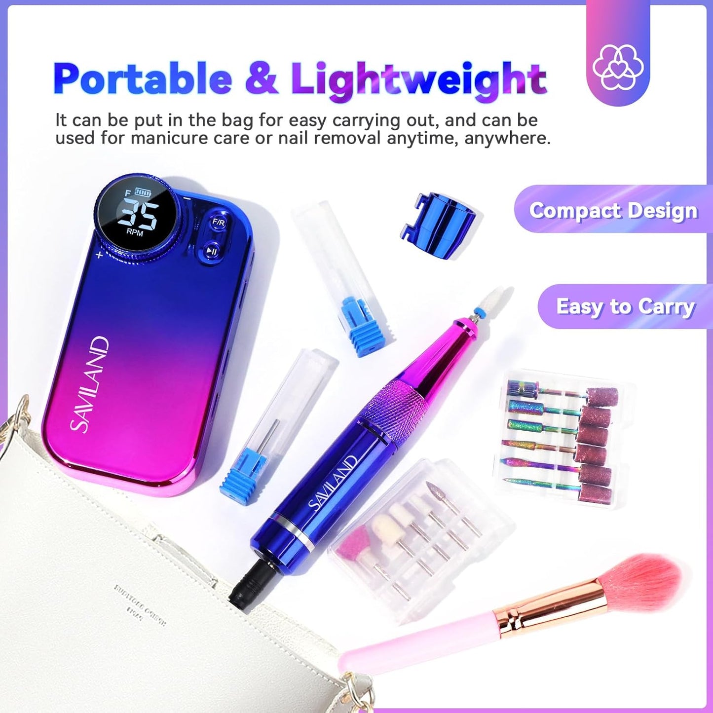SAVILAND Portable Electric Nail Drill - PRO 35000RPM Electric Nail File Nail Drills for Acrylic Nails Professional with Drill Bits Manicure Pedicure Supplies Use Nail Art for Home DIY Salon Use