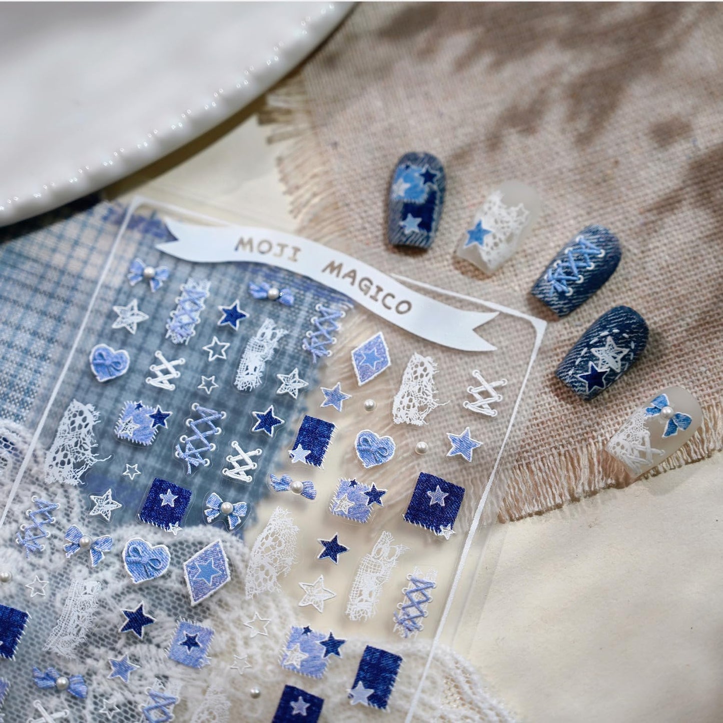 Cowboy Nail Art Stickers Decals 5D Embossed Bow Star Pearls Nail Stickers Self-Adhesive Blue Cowboy Nail Decals Supplies for Women DIY Manicure Decorations 1 Sheets