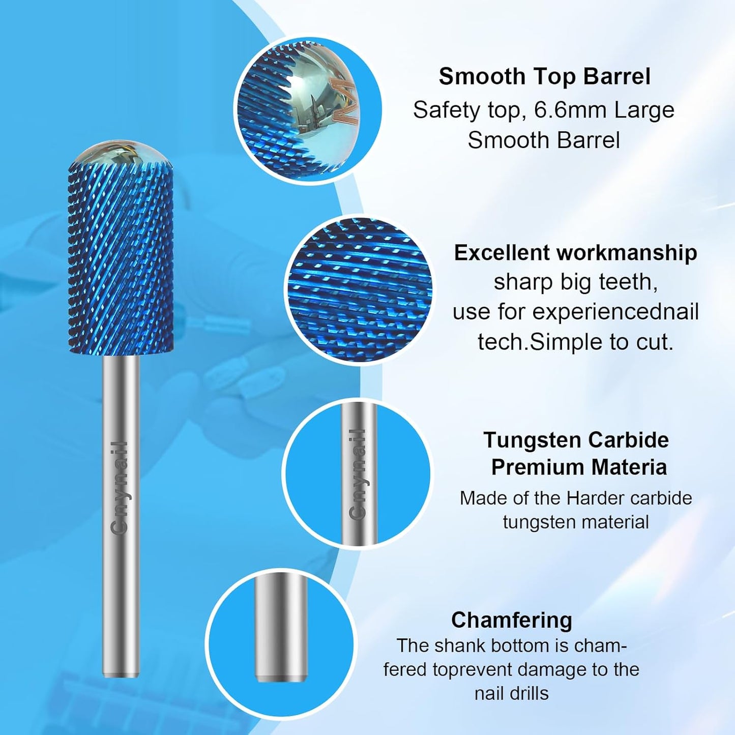 3/32" Large Barrel Smooth Round Top Tungsten Carbide Nail Drill Bit Safety Bit for Gel & Acrylic Removal, 2-Way Rotating Efile Tip, Salon Electric File Accessory (M Grit, Blue)