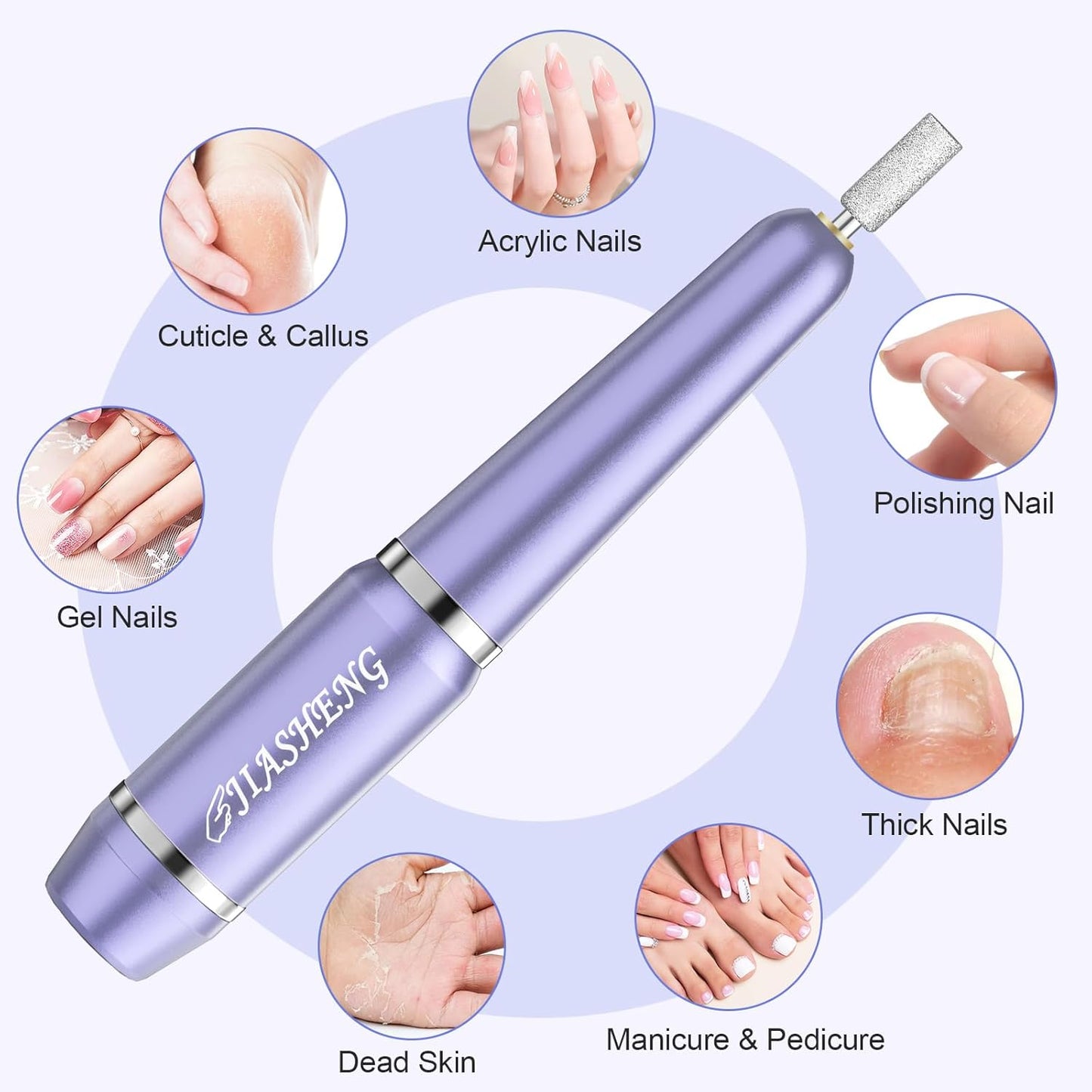 JIASHENG USB Electric Nail Drill, Portable Electric Nail File for Acrylic Gel Nails, Professional Drill Nail Kit Manicure and Pedicure Kit with Drill Bits for Home and Salon Use, Lilac