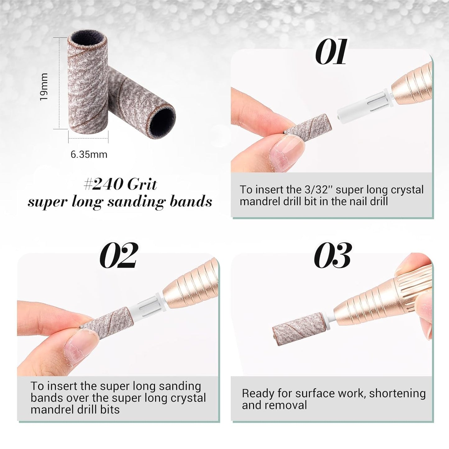 MelodySusie 50 Pcs Nail Drill Bits Super Long Sanding Bands with 6.65mm Crystal Mandrel Bit, 240 Extreme Fine Grit Nail File for Acrylic Nails Gel Manicures and Pedicure, Zebra