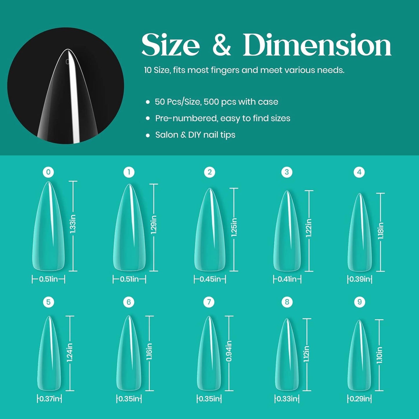Beetles Gel Nail Tips Clear, Stiletto Medium, 500Pcs 10 Sizes, Pre-Shaped Full Cover Soft Acrylic False Press On Nail Tips Stiletto Shape Halloween Easy DIY Fall Nail Extension Salon Gift for Women