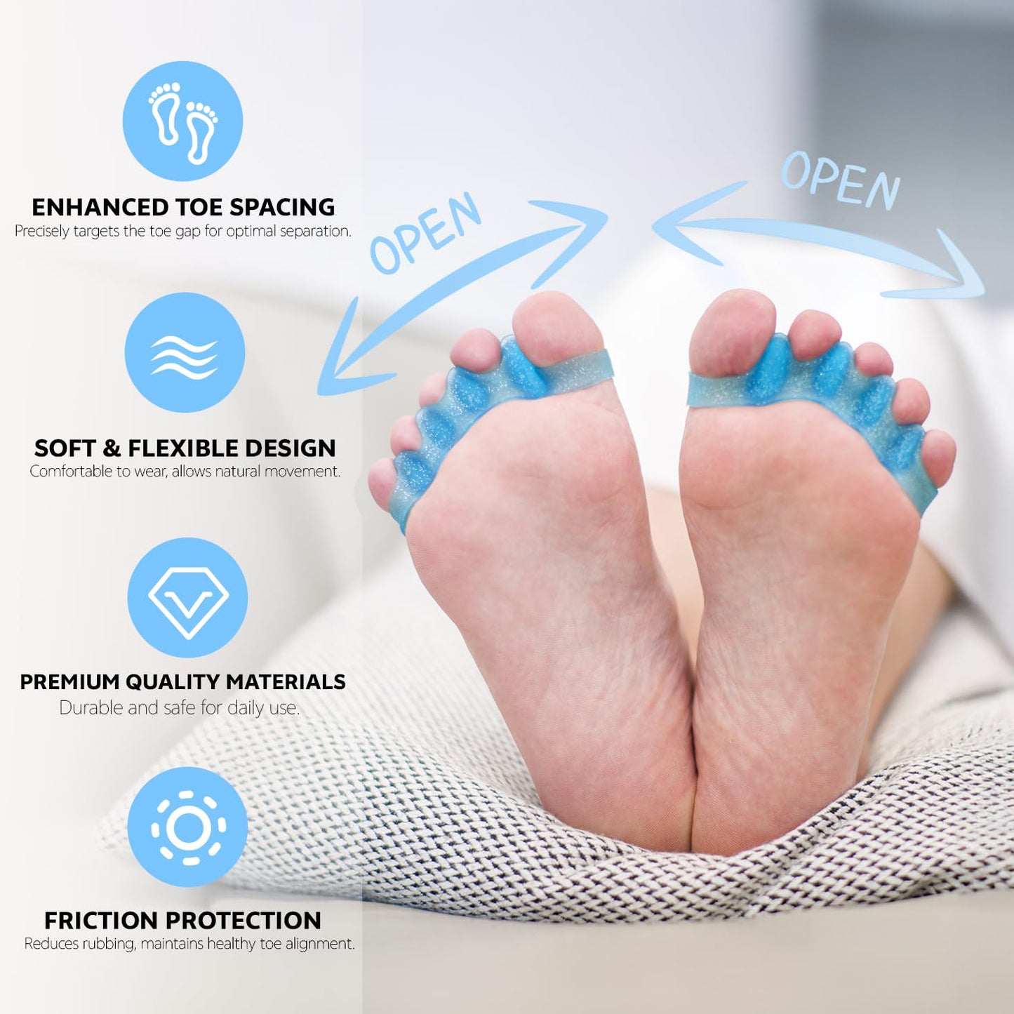 Durable Unisex Toe Separators with Sparkle Design for Yoga & Daily Use - Flexible Silicone toe Spacers for Bunions, One-Size-Fits-All for Men & Women (2PCS) (Blue)