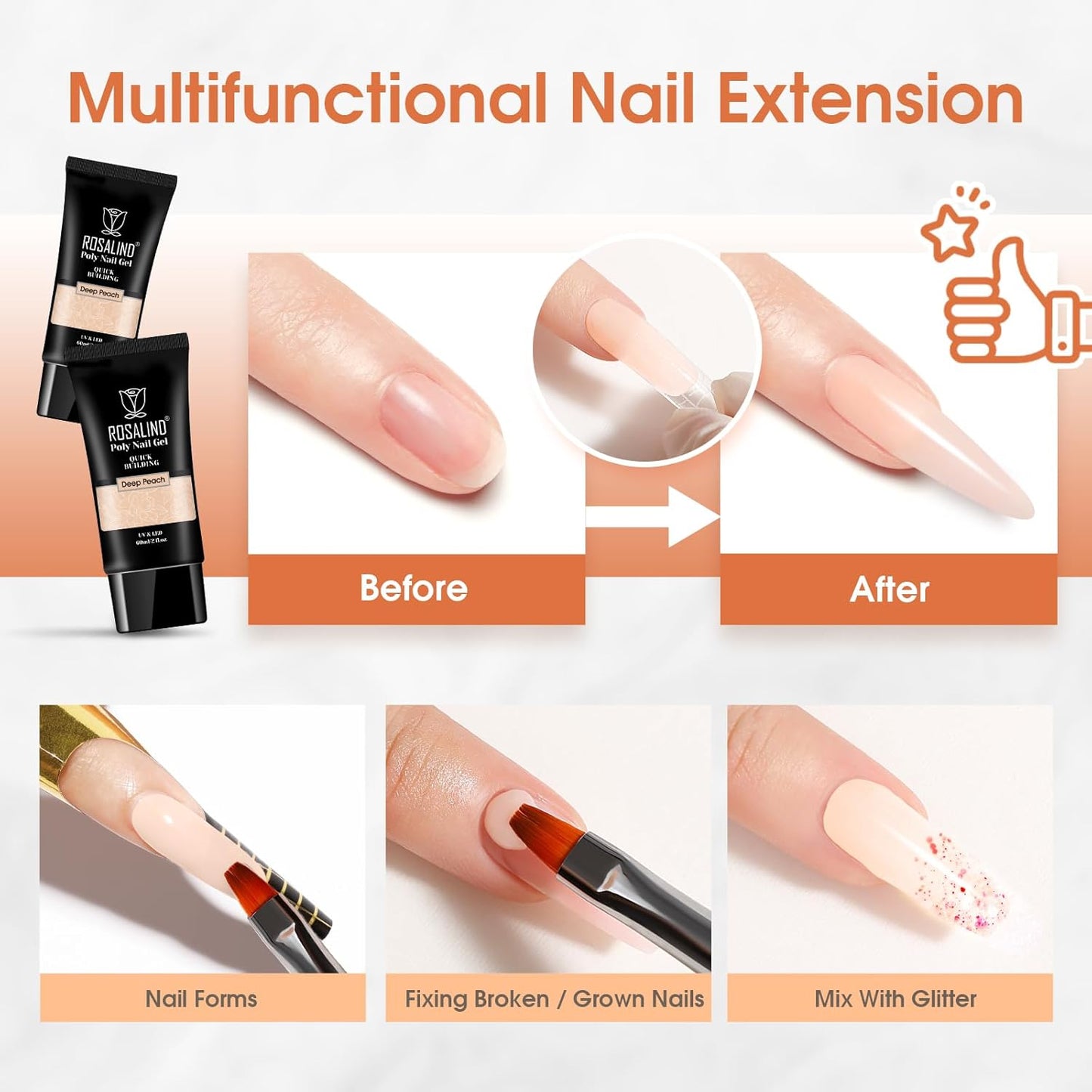 ROSALIND Nude Poly Extension Gel, 60ml Nude Poly Nail Gel for Nail Art Decoration, Hot Builder Color Nail Thickening Extension Easy to DIY Use at Home Need UV Lamp