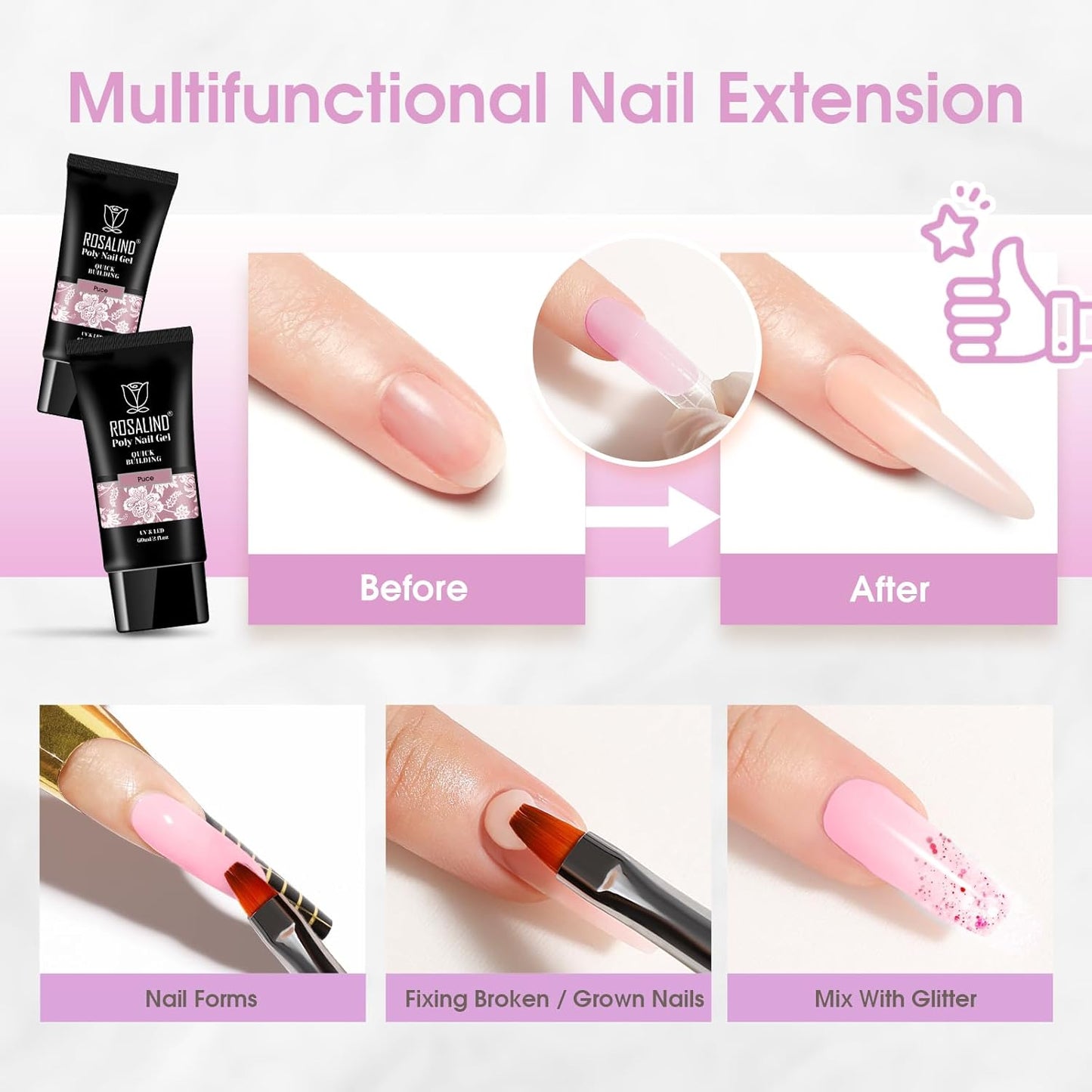 ROSALIND Purple Poly Extension Gel, 60ml/2 oz Purple Pink Fall Colors Poly Nail Gel Building Enhancement for Nail Thickening Decoration, Easy to DIY Use at Home Need UV Lamp