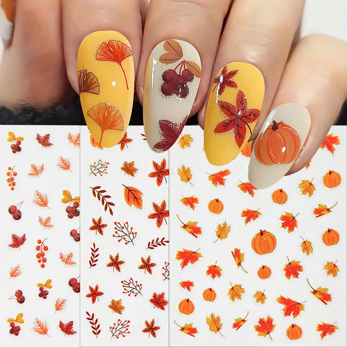 8 Sheets Fall Nail Stickers for Nail Art, 3D Self-Adhesive Bronzing Thanksgiving Nail Decals Pumpkin Maple Leaf Ginkgo Leaves Designs Nails Decorations Autumn Nail Art Supplies for Women