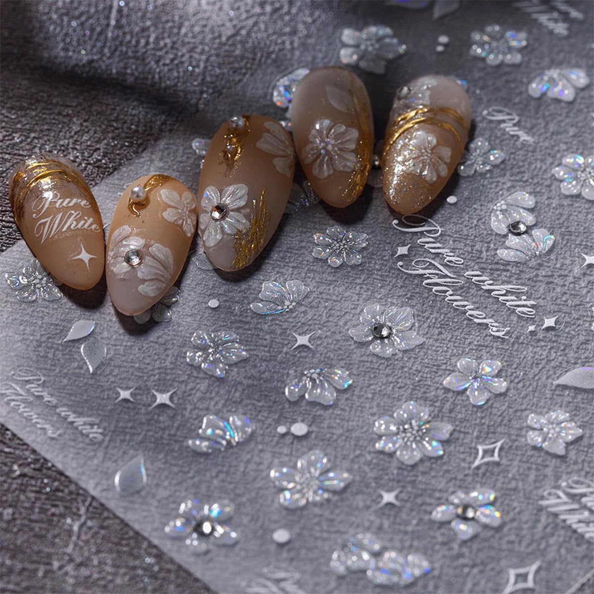 White Flower Nail Art Stickers - 5D Embossed Decals, Self-Adhesive Rhinestone Nails - Spring Flower Theme