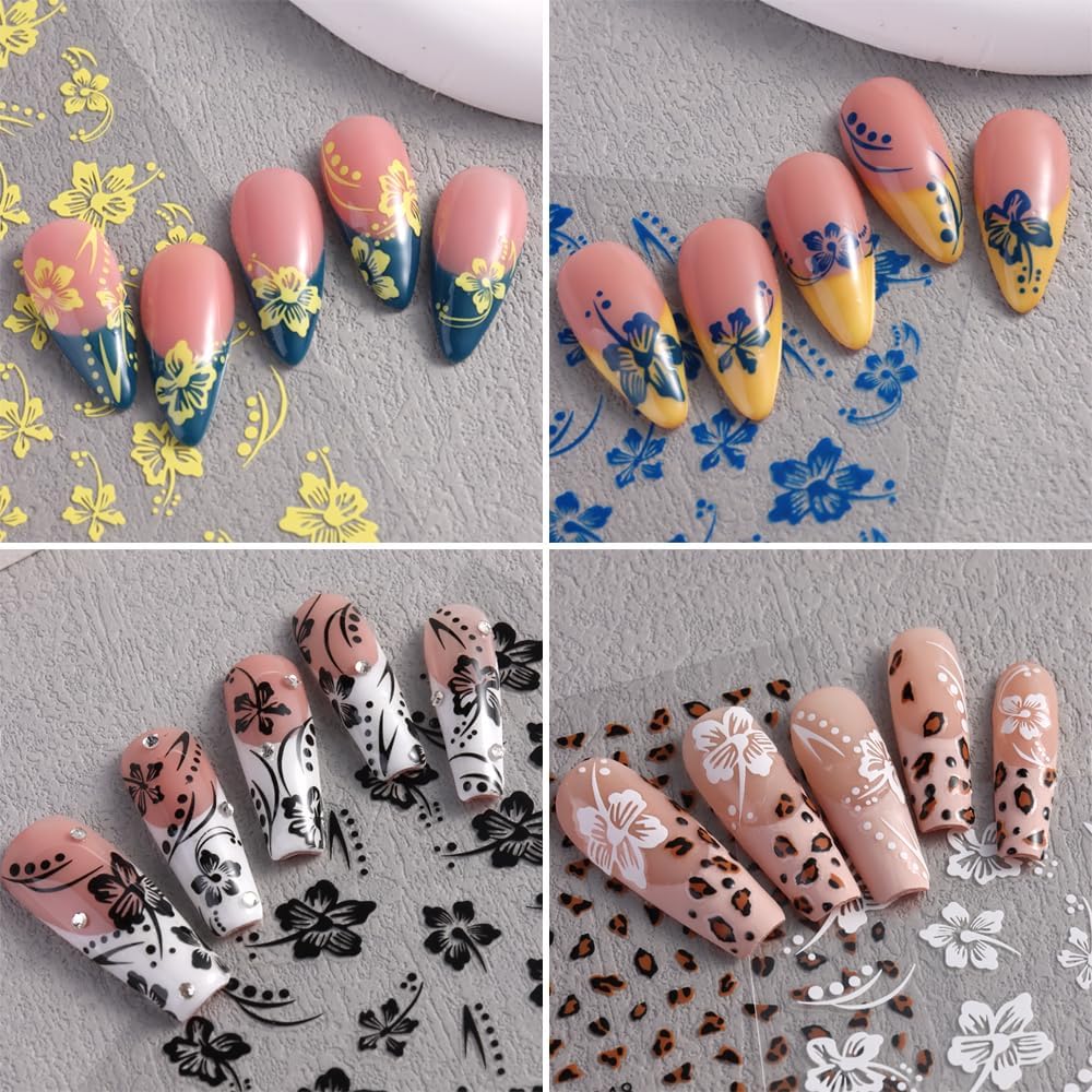 6 Sheets Flower Nail Stickers, Hibiscus 3D Self-Adhesive Nail Decals Blue Yellow White Pink Gold Floral Petal Tropical Leaf Designs DIY Manicure Supplies for Women Girls