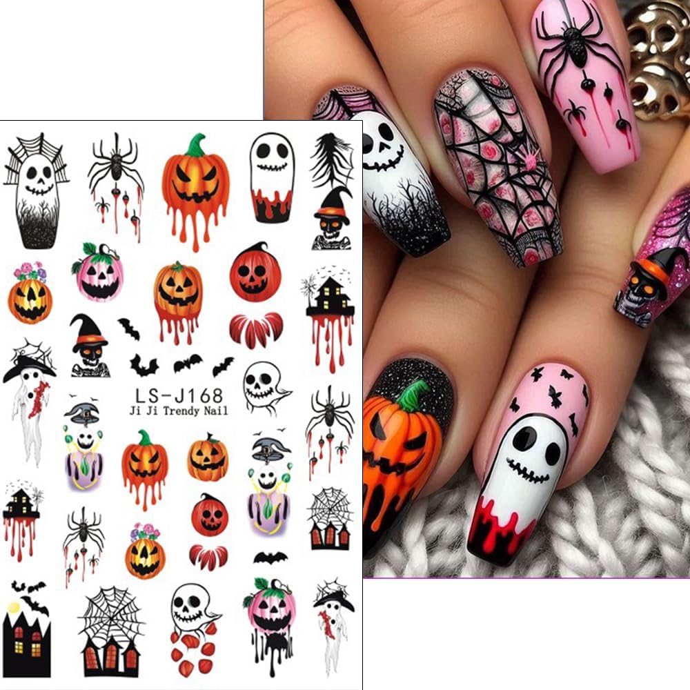 Halloween Nail Stickers Ghost Spider Web Nail Art Stickers Bat Cat Skull Flower Nail Decals Self-Adhesive Spooky Gothic Design Sticker Holiday Nail Art Decoration for Women Manicure Accessories 5Pcs