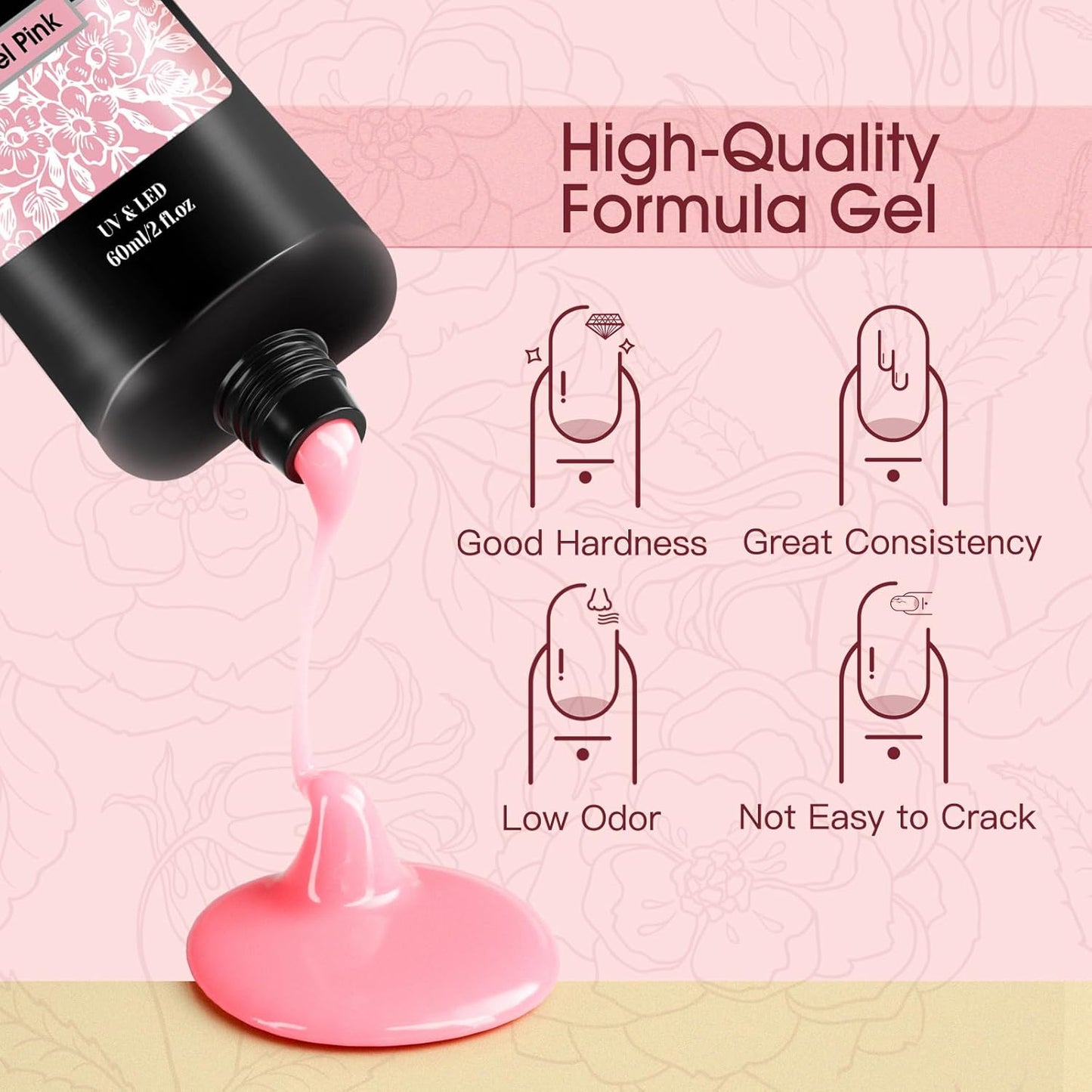 ROSALIND 2 oz Pink Poly Nail Gel, Peach Pink Poly Extension Gel for Nails Nature Color Builder Nail Strengthen Gel Poly Nail Art Design for Women
