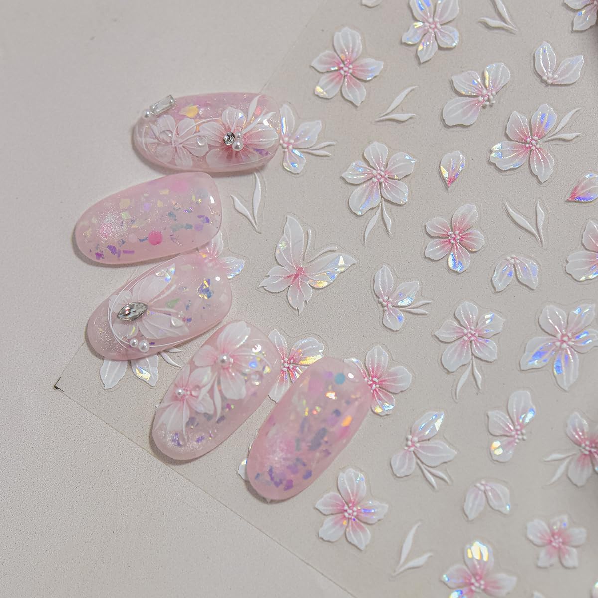 1 Sheet of Pink Flower Nail Stickers, Aurora Gradient Floral Nail Art Stickers, 5D Embossed Self-Adhesive Nail Decals for Women DIY Spring Floral Manicure Decoration Supplies