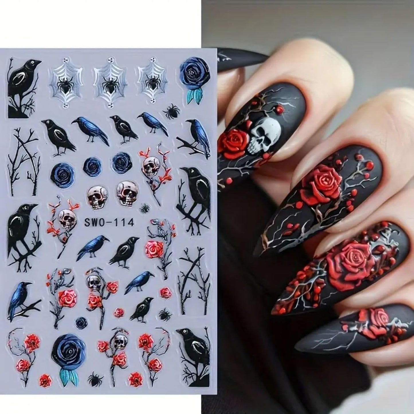 2 Sheets Halloween Nail Art Stickers 5D Embossed Black Bird Nail Decals Dark Skull Crow Dead Tree Nail Design Manicure Sliders Self-Adhesive Horror Halloween Nail Accessories for Women Nail Art