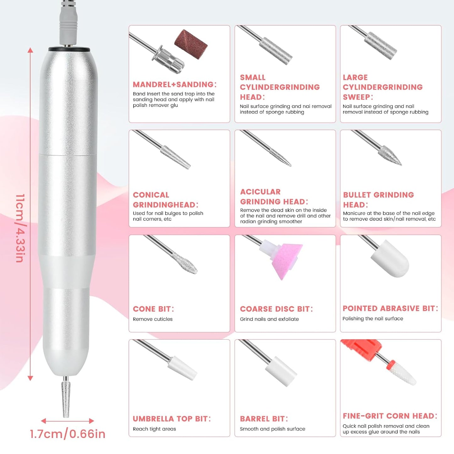 Electric Nail Drill Professional, 45,000RPM Electric Nail File with 12 Drill Bits & 50 Sanding Bands,Rechargeable Long Battery Life, Low Noise Cordless Nail Drills Machine,Efile Nail Drill Kit