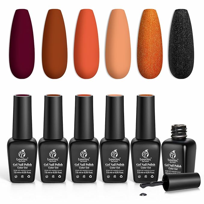 Beetles Fall Gel Polish Set - Burnt Orange Gel Polish Autumn Leaves Collection, Brown Burgundy Glitter Black Colors Nail Art Soak Off Uv LED Nail Kit Minicure DIY Home Halloween Gifts for Women