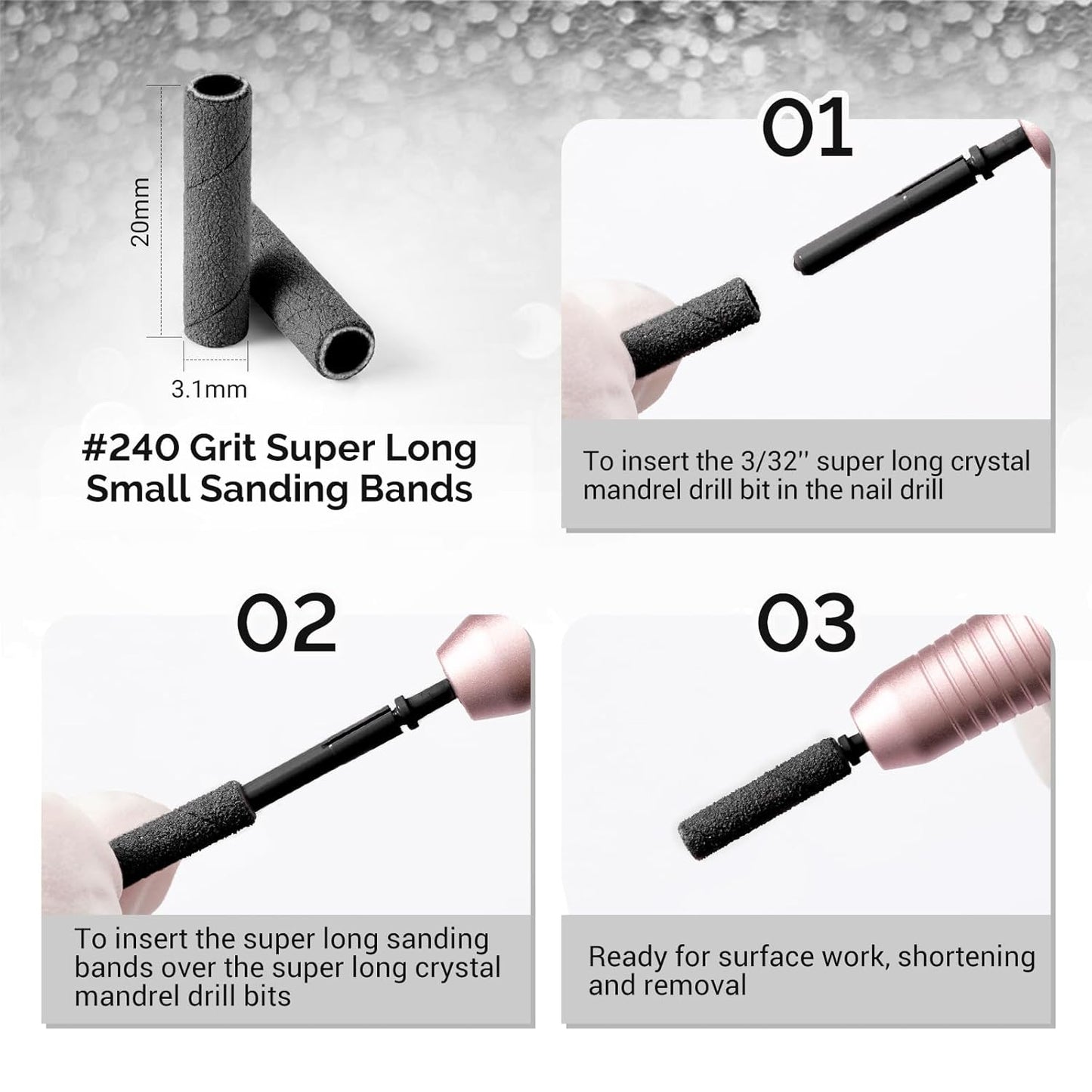 MelodySusie 50 Pcs Nail Drill Bits Super Long Small Sanding Bands with 3.1mm Crystal Mandrel Bit, 240 Extreme Fine Grit Nail File for Acrylic Nails Gel Manicures and Pedicure, Black