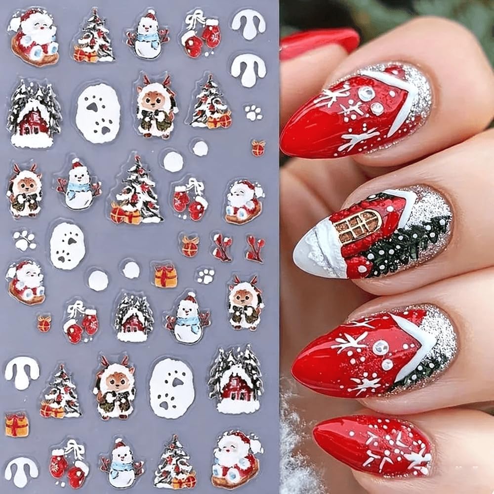 Christmas Nail Stickers 5D Embossed Snowman Elk Nail Art Stickers Xmas Holiday Nail Decals Self-Adhesive Deer Snow Santa Claus Design Sticker Nail Decoration for Women Manicure Accessories 2Pcs