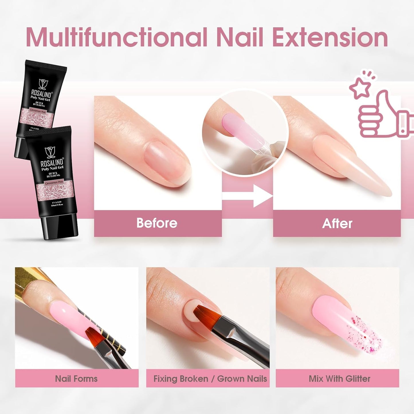 ROSALIND Nude Pink Poly Extension Gel, 60ml/2 oz Purple Nude Poly Nail Gel Building Enhancement for Nail Thickening Decoration for Fall Colors, Easy to DIY Use at Home Need UV Lamp