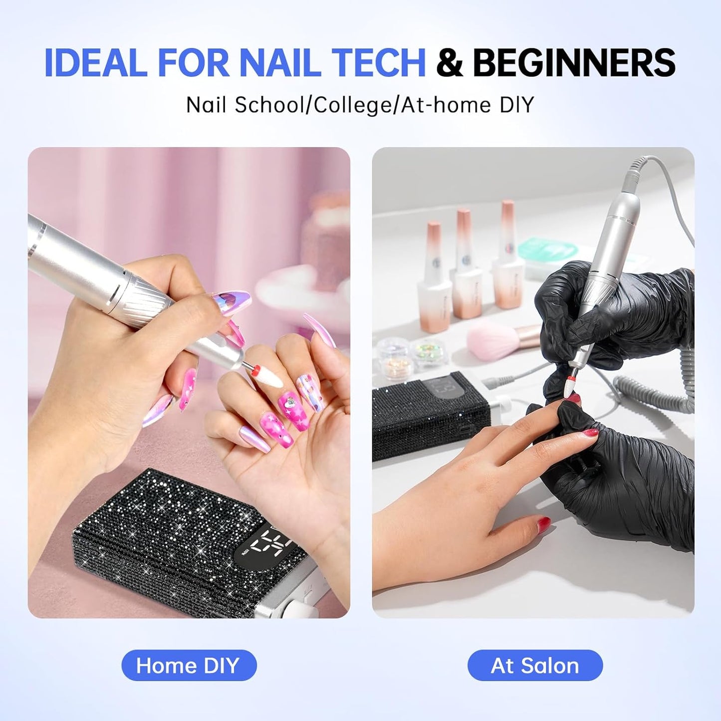 Rechargeable 35000RPM Nail Drill Sparkling Portable Professional Electric Nail File for Acrylic/Gel Nails Professional Nail Tools for Manicure Pedicure, Black Diamond