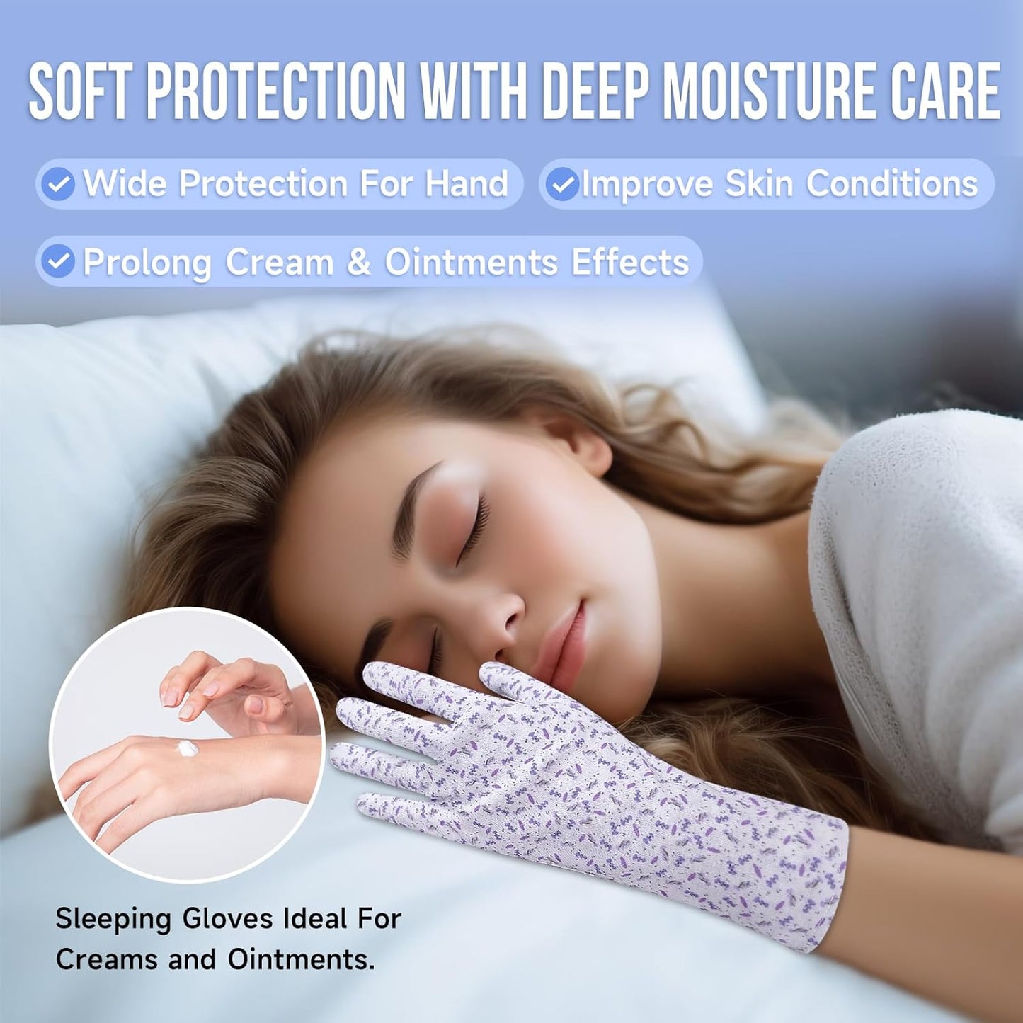 HandLove Premium 100% Cotton Gloves | Moisturizing Gloves for Dry Hands & Eczema | Overnight Sleeping Gloves, Eczema Gloves | Touchscreen | Extended Wrist White Gloves with Lavender Speckles, 6 Pairs
