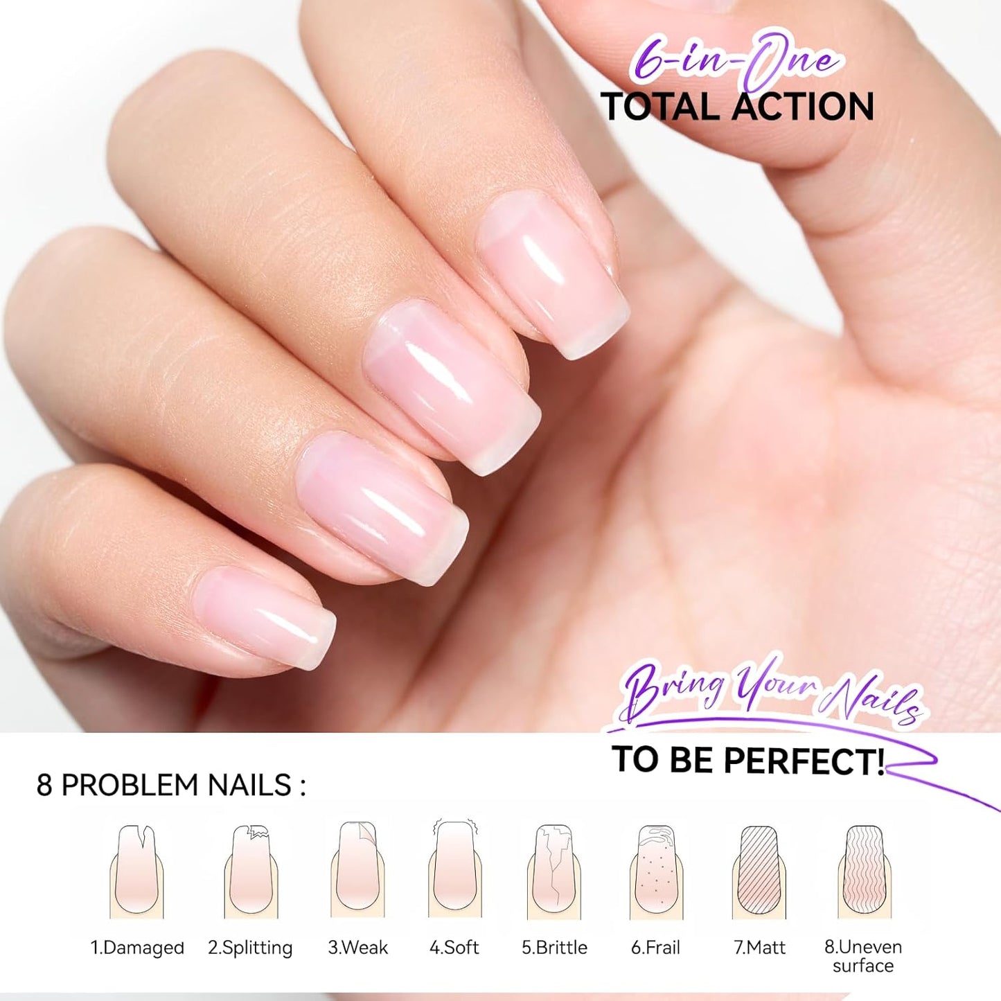 Women Nail Strengthener Protein for Daily: Clear Gelike EC 6 in 1 Nail Treatment for Weak and Damaged Nails Everyday - Nail Polish Hardener for Home Salon Travel Spa Gift