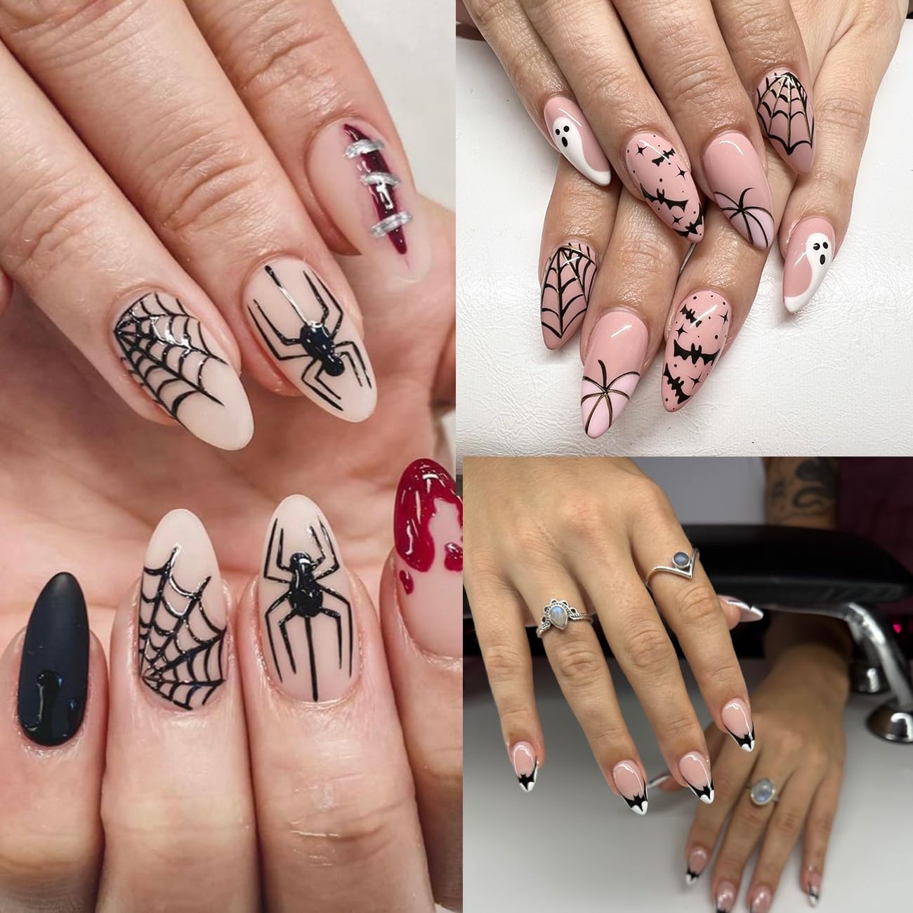 Silver Glitter Spider Nail Stickers,Halloween 3D Nail Decals Spiders Web Love Heart Glitter Flame Blood Drop Bat Star Moon Ghost Skull Design for Nail Art Halloween Supplies Manicure Decorations 6Pcs