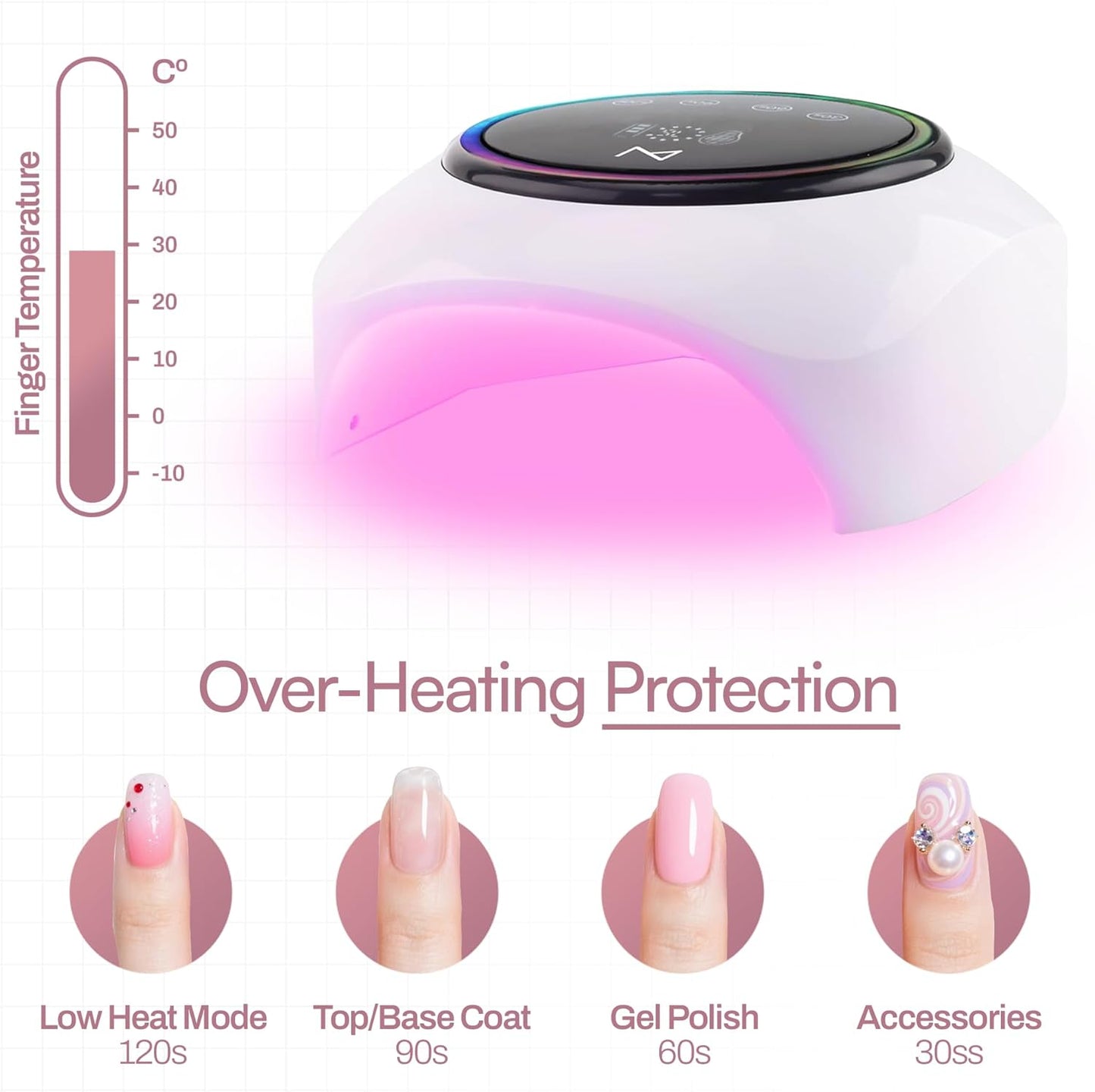 M - HaloLite LED Nail Curing Lamp 98W, 32 LEDs, Wireless Rechargeable with 5200mAh Battery, Fast UV/LED Gel Nail Dryer for Salon & Home Use, Long-Lasting, Portable, Cordless Design (Pink)