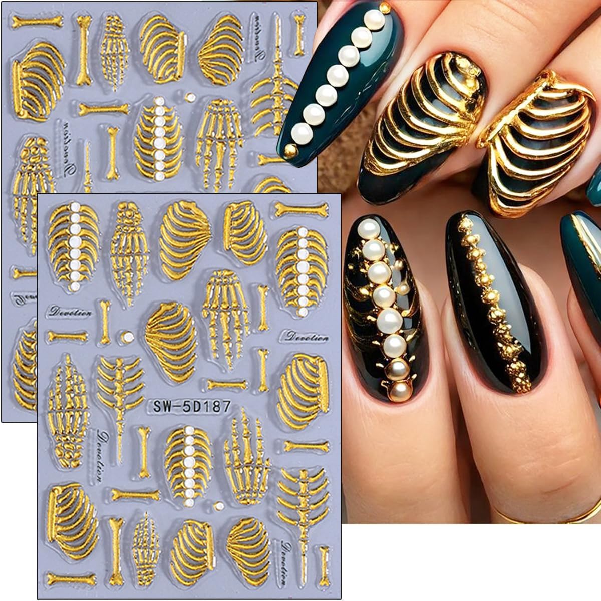 3 Sheets Embossed Halloween Nail Art Stickers Decals Gold Pink White Self-Adhesive Nail Stickers Design 5D Horror Bone Skull Hand Nail Decals for Women DIY Manicure Halloween Party Nails Decoration