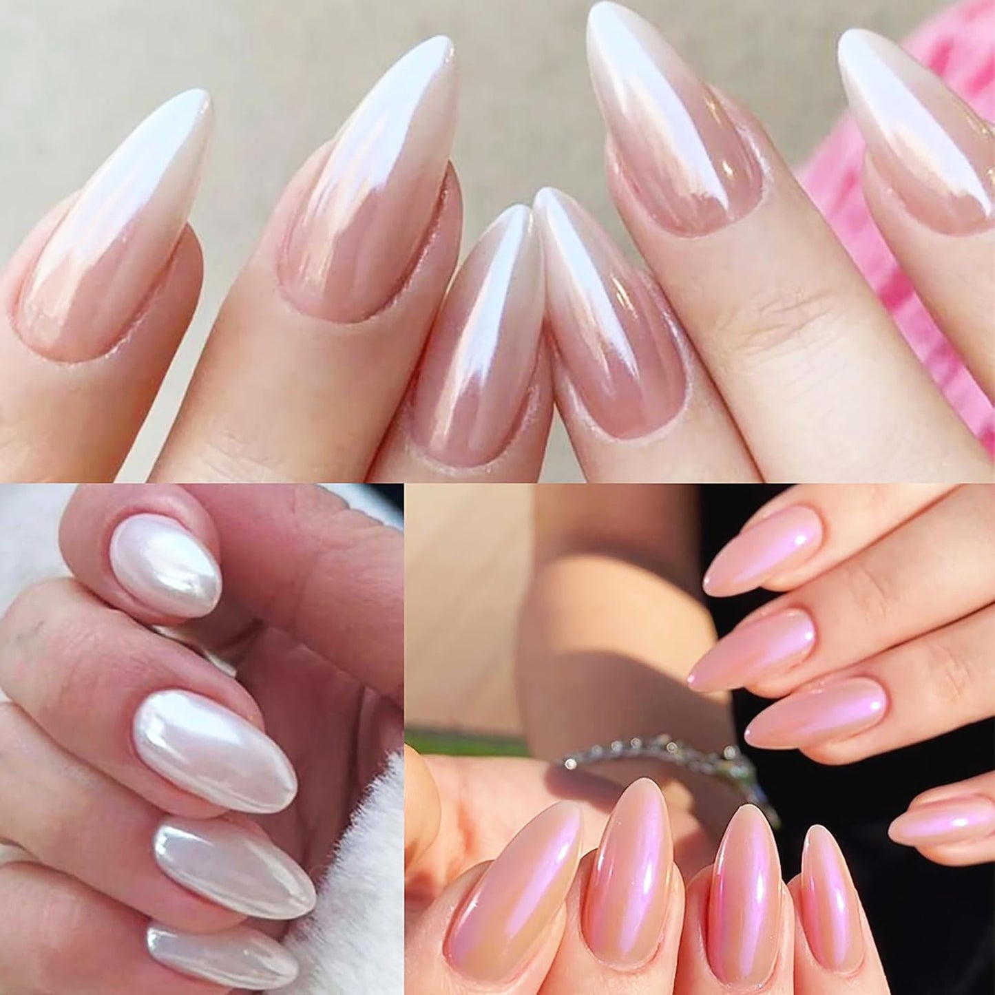 White Pearl Chrome Nails Powder 6 Colors Moonlight Chrome Nail Powders Kit Glitter Dust Pearlescent Mirror Effect Nail Art Pigment Mermaid Pearl White Pink Yellow DIY Manicure Pigments