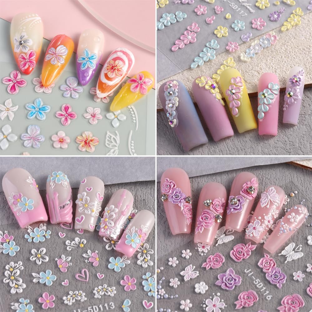 5D Embossed Flowers Nail Stickers, 4 Sheets Self-Adhesive Colorful Summer Floral Nail Decals Hibiscus Rose Butterfly Nail Art Design Manicure Decoration Accessories for Women Girls