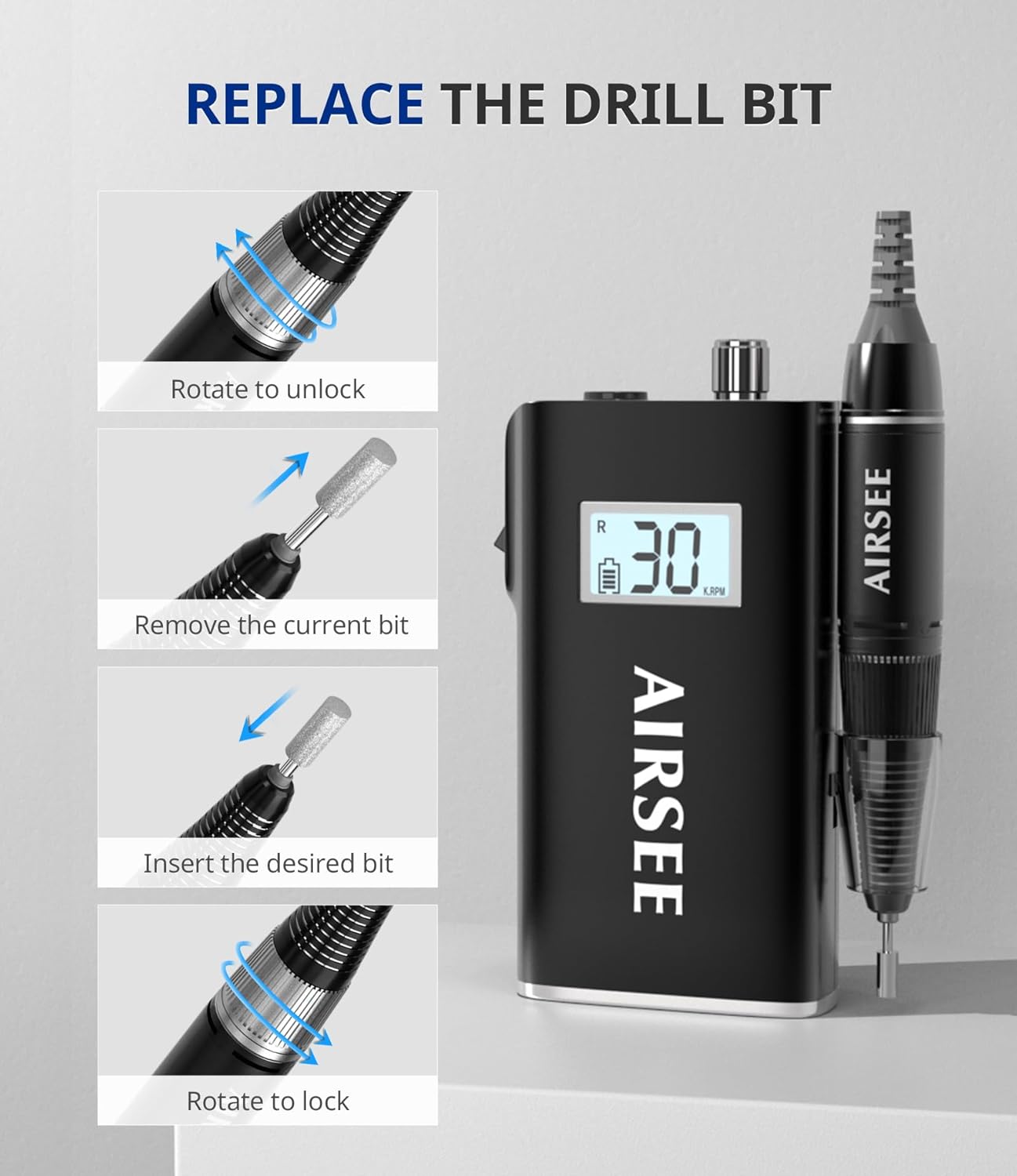 AIRSEE Rechargeable 30000RPM Electric Nail Drill Professional Portable E File Machine for Acrylic Nail Natural Extension Gel Nails Polish Cuticle, Cordless High Speed for Salon Home Use E8 Black