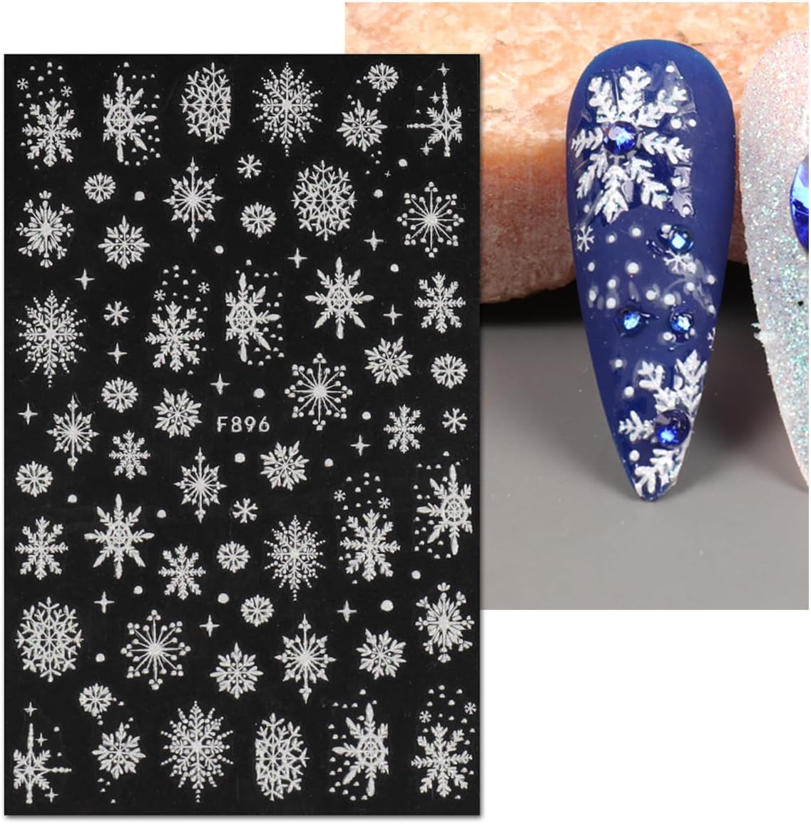 JMEOWIO 8 Sheets Christmas White Glitter Nail Art Stickers Decals Self-Adhesive Snowflake Winter Holiday Nail Supplies Nail Art Design Decoration Accessories