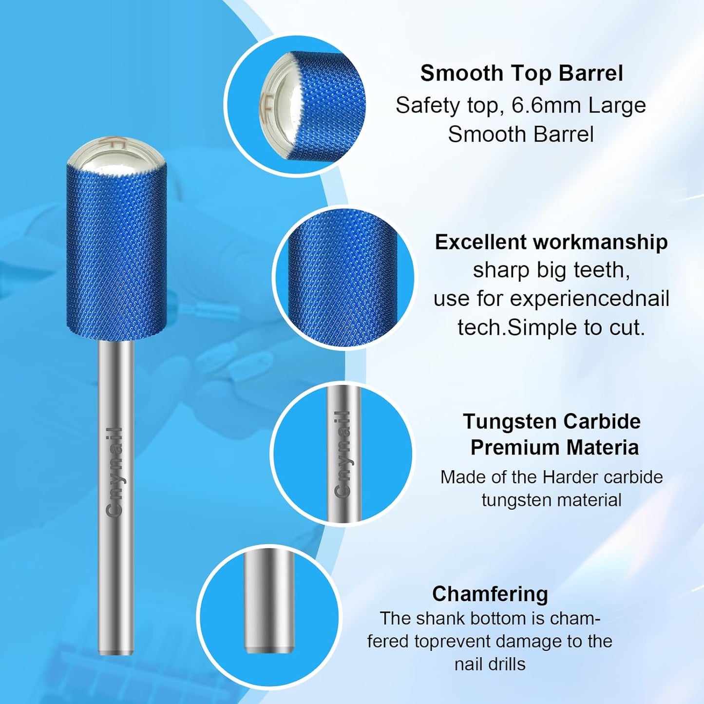 3/32" Large Barrel Smooth Round Top Tungsten Carbide Nail Drill Bit Safety Bit for Gel & Acrylic Removal, 2-Way Rotating Efile Tip, Salon Electric File Accessory (XF Grit, Blue)