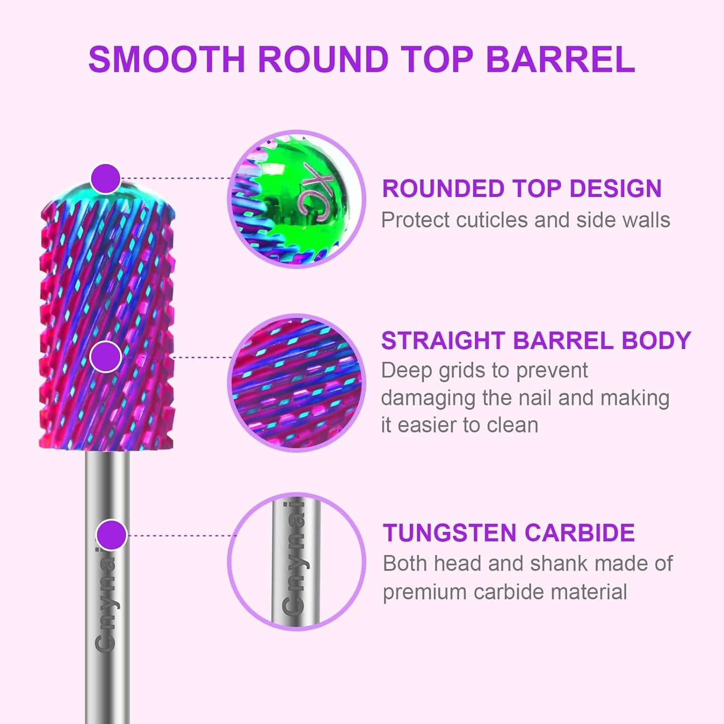 3/32" 2PCS Large Barrel Smooth Round Top Tungsten Carbide Nail Drill Bit Safety Bit for Gel & Acrylic Removal, 2-Way Rotating Efile Tip, Salon Electric File Accessory (XC Grit, Purple)