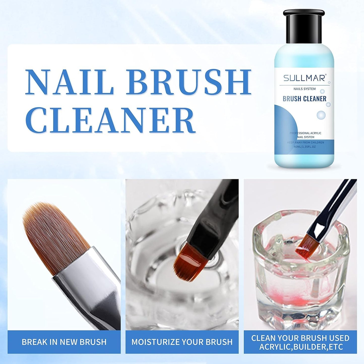 Nail Art Brush Cleaner & Restorer Quickly Clean Gel Nail Brushes Nail Brush Preserver for Any Nail Art Brush DIY Salon at Home 1.35fl.oz