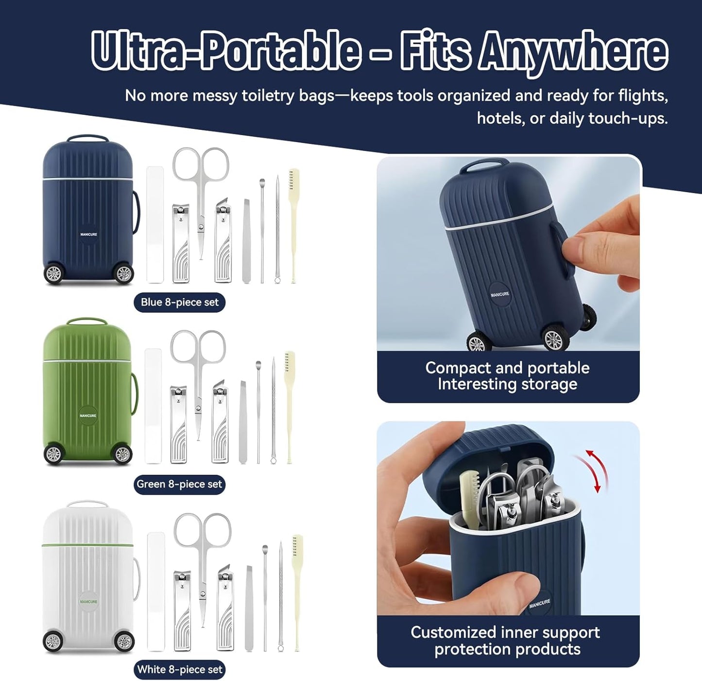 Travel Luggage Style Manicure Set, 6-in-1 Nail Care Kit with Stainless Steel Tools, Compact Design (White)