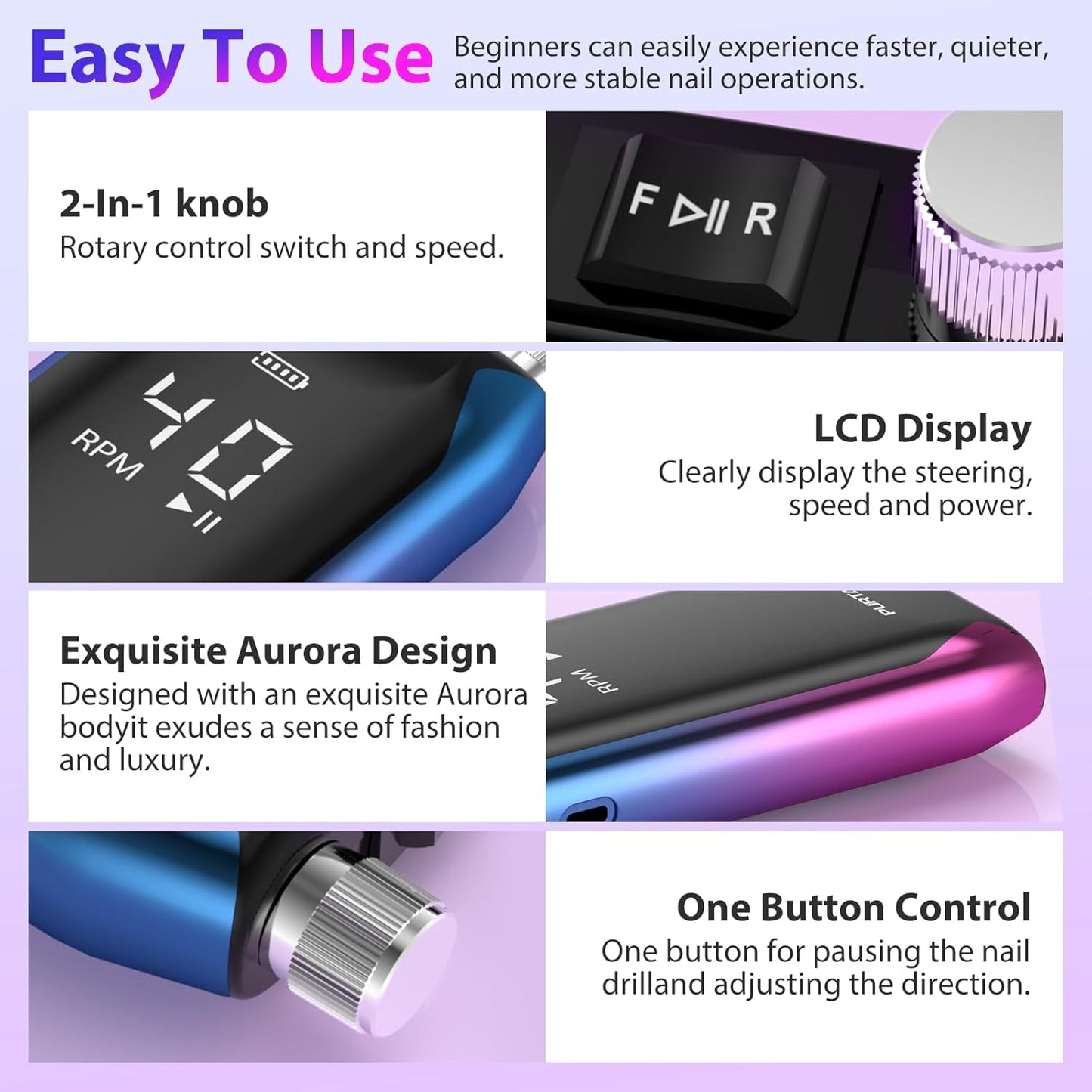 Professional Nail Drill 40,000 RPM, Rechargeable,LCD Display E File Machine for Acrylic Nails Gel Polishing Removing Portable Nails Efile Tools for Manicure Salon & Home (Blue&Purple)