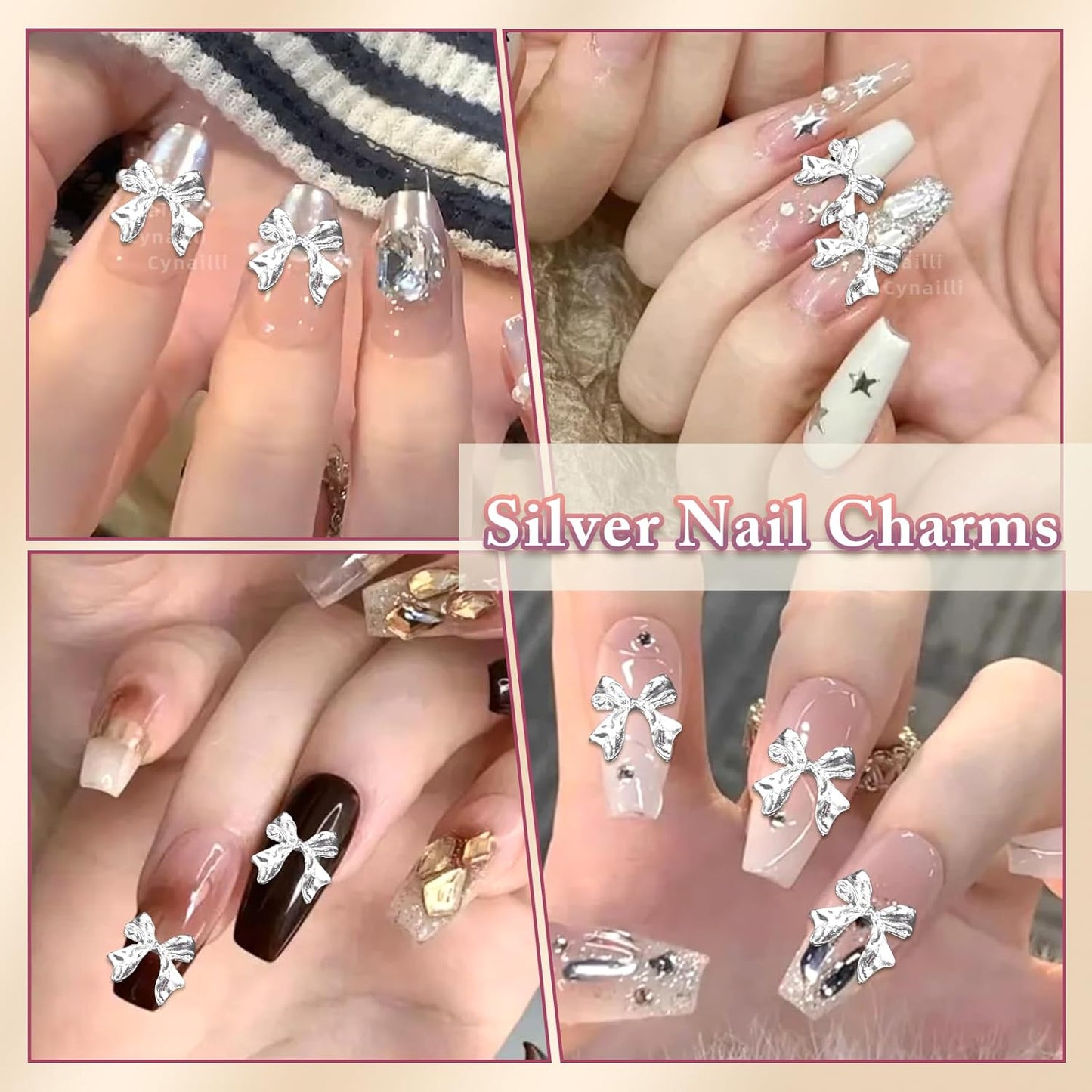 80 Pcs Sliver Bow Nail Gems Charms, 3D Bowknot Nail Charms for Alloy Nails, Cute Bow Tie Nail Jewelry Charms, Shiny Luxury Metal Nail Bow Charms for Nail Art Design Accessories