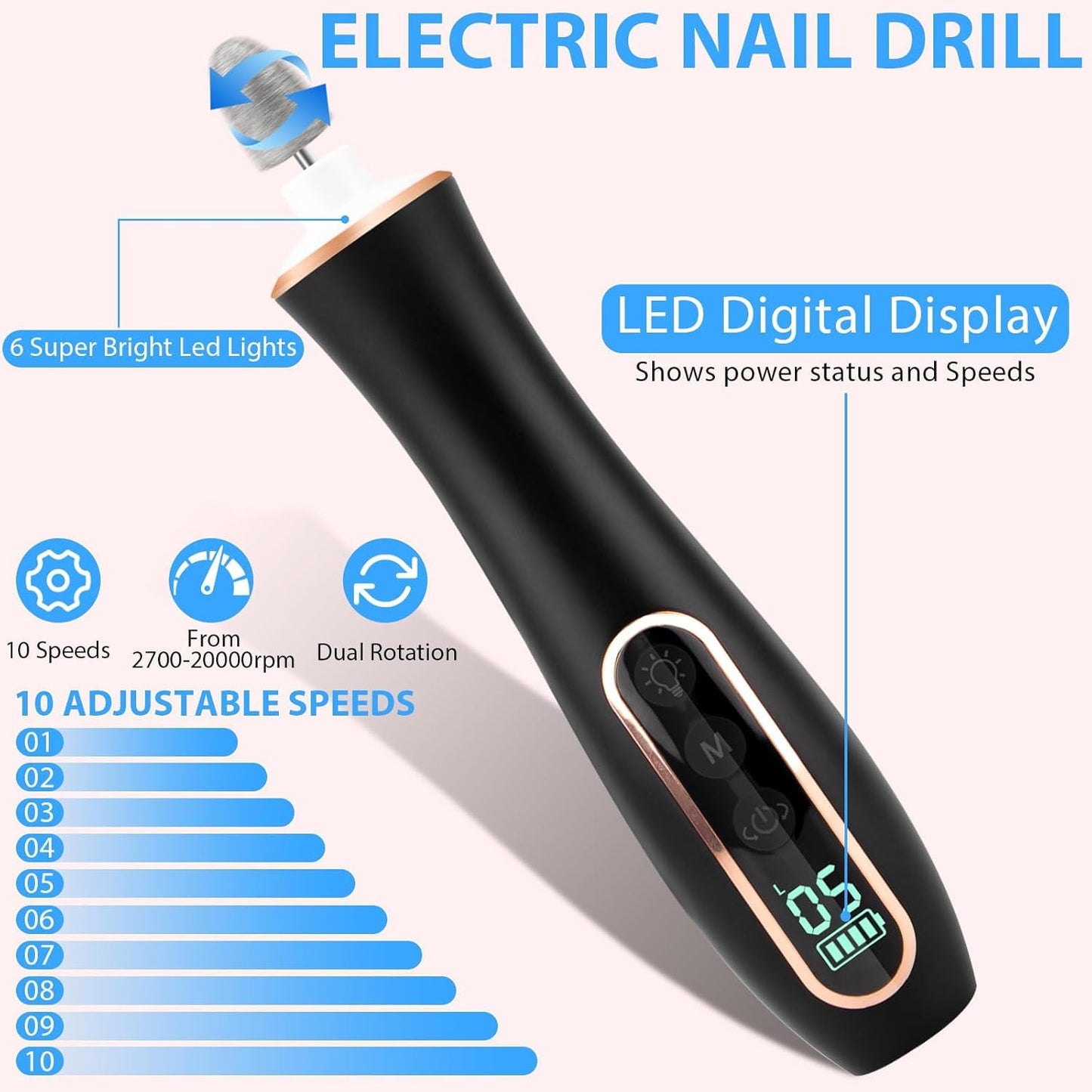 2 Pack 10-in-1 Electric Nail Drill with 100 Sanding Bands – Professional Manicure & Pedicure Kit, Black