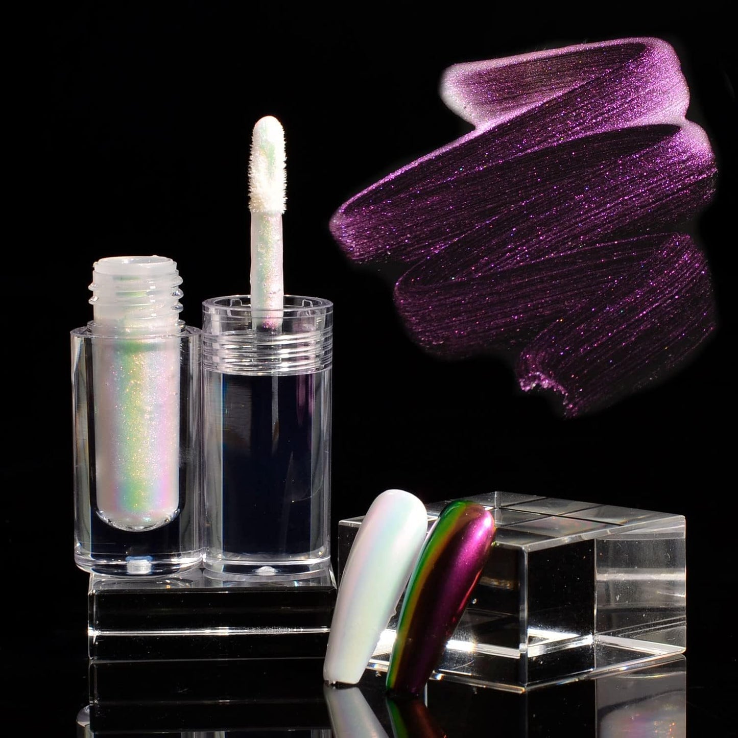 Chrome Nail Powder Aurora Mirror Effect Mermaid Pearl Glitter Iridescent Chrome Nail Polish Gel Nail Polish for Nail Art Manicure DIY Decoration(Purple Iridescent)