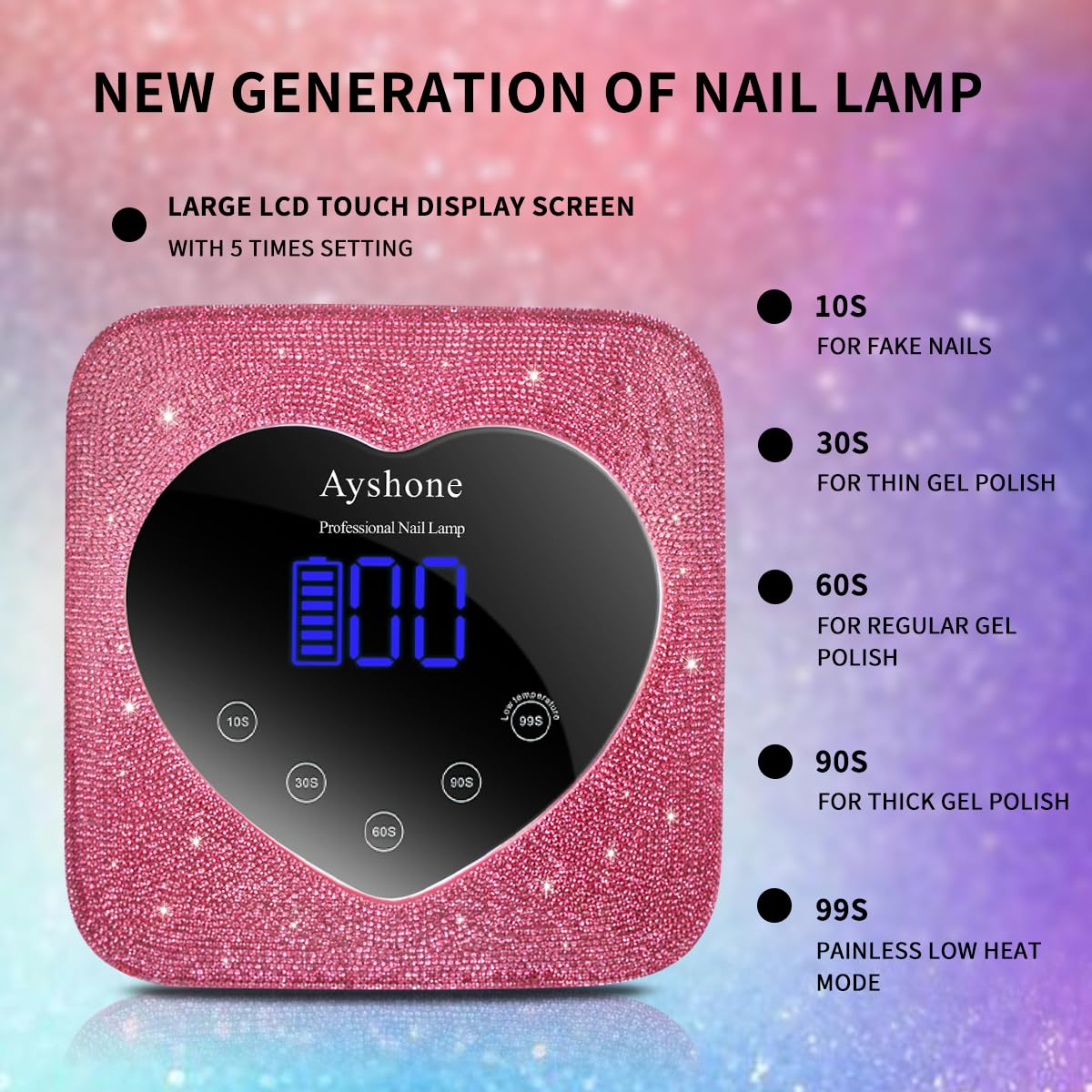 Cordless UV LED Nail Lamp,72W Rechargeable Nail Dryer Gel Polish Light with Large LCD Display,Rechargeable Nail Curing Lamp for Salon & Home (Rose Red Diamond)