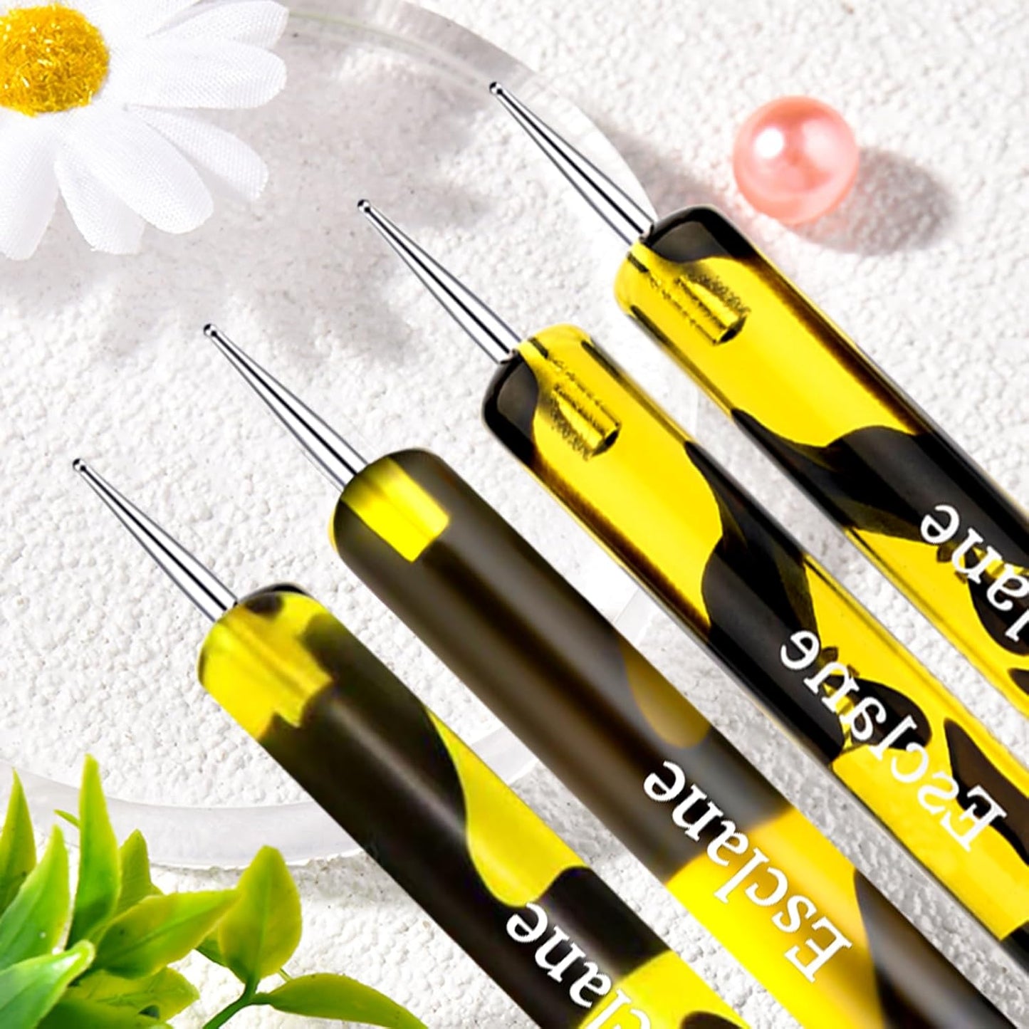 French Manicure Brush, Esclane 2 Way French Nail Brush with Dotting Tool for Manicure Cuticle Clean Up Nail Art Design, French Tip Brush (Yellow, #10)