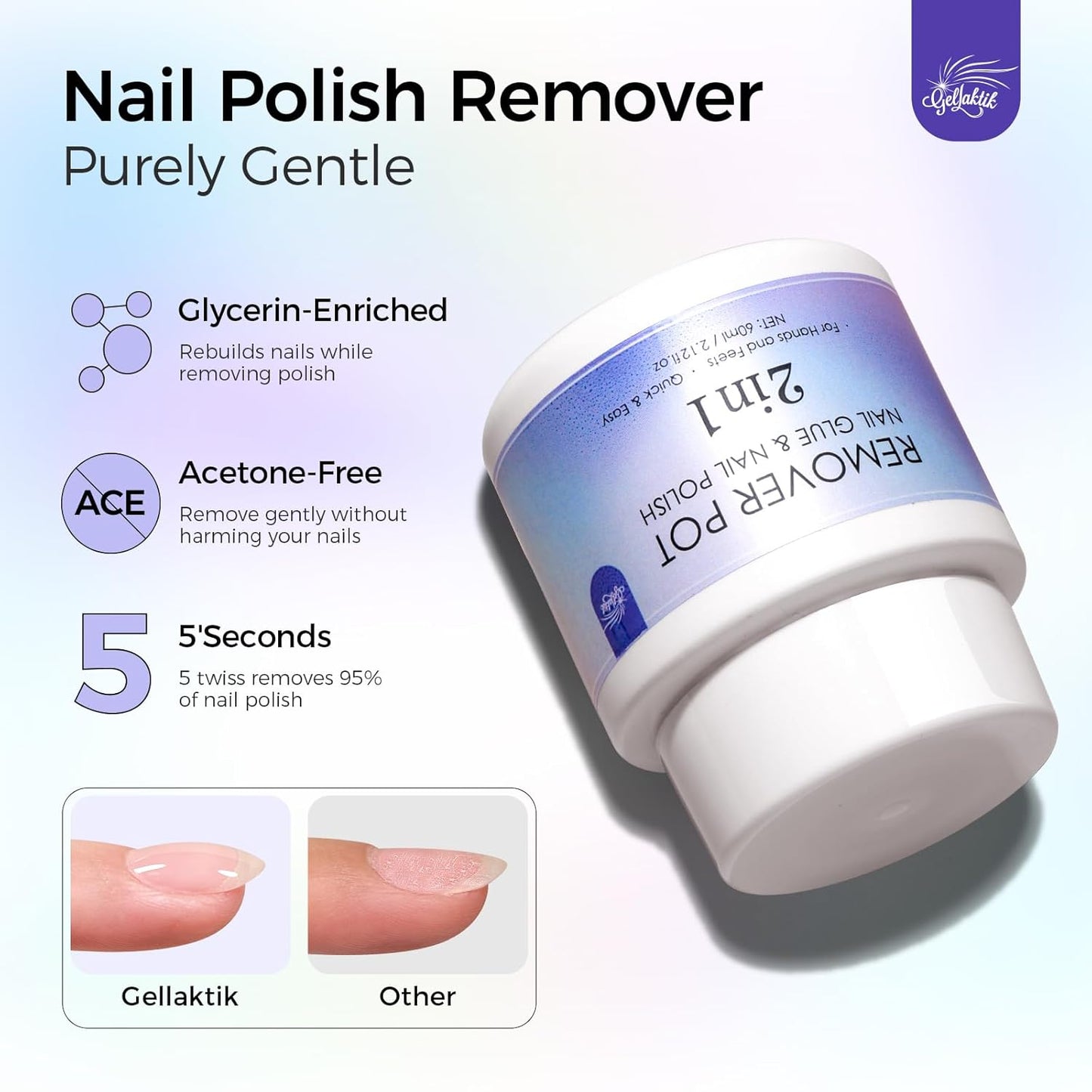 Nail Polish Remover Pot 2 Fl Oz (60ml), Nourishing Formula with Sponge Soak Bottle & Sponge Lid Cap, Gentle Fast Removal for Regular Polish at Home & Salon