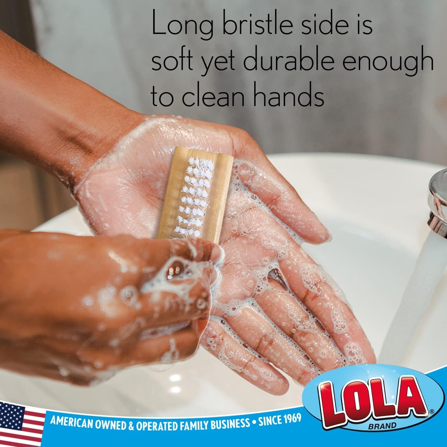 LOLA Classic Hand & Nail Wood Brush, 3 Pack, Heavy Duty 2 Sided Soft & Stiff Bristles, Cleans Hands, Fingernails, Feet & Toenails