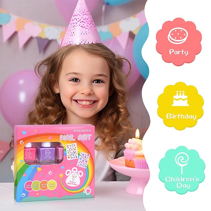 wakaniya Kids Non Toxic Nail Polish Set for Girls with Gems Nail Stickers, 7 Color Peel-Off Low Odor Nail Polish for Toddler